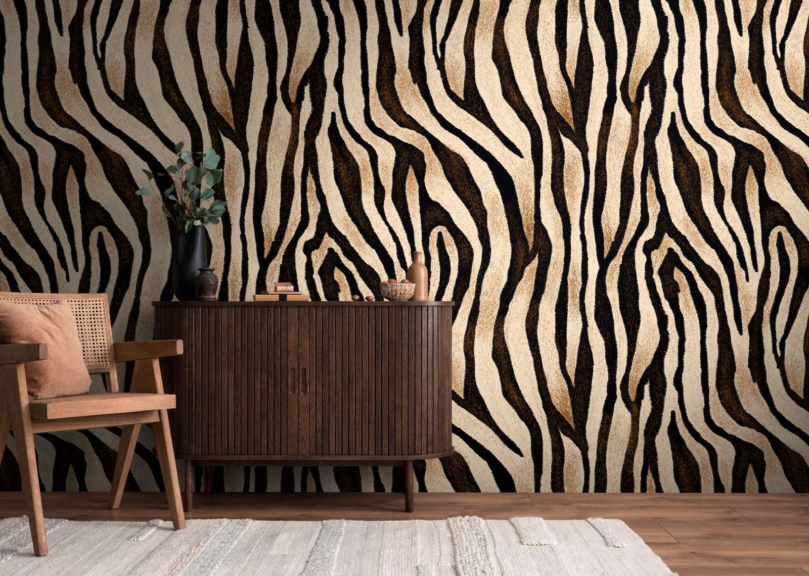Zebra-Muster, Wandtapete, Wohnzimmerdeko, Holzsideboard, Schwarz-beige