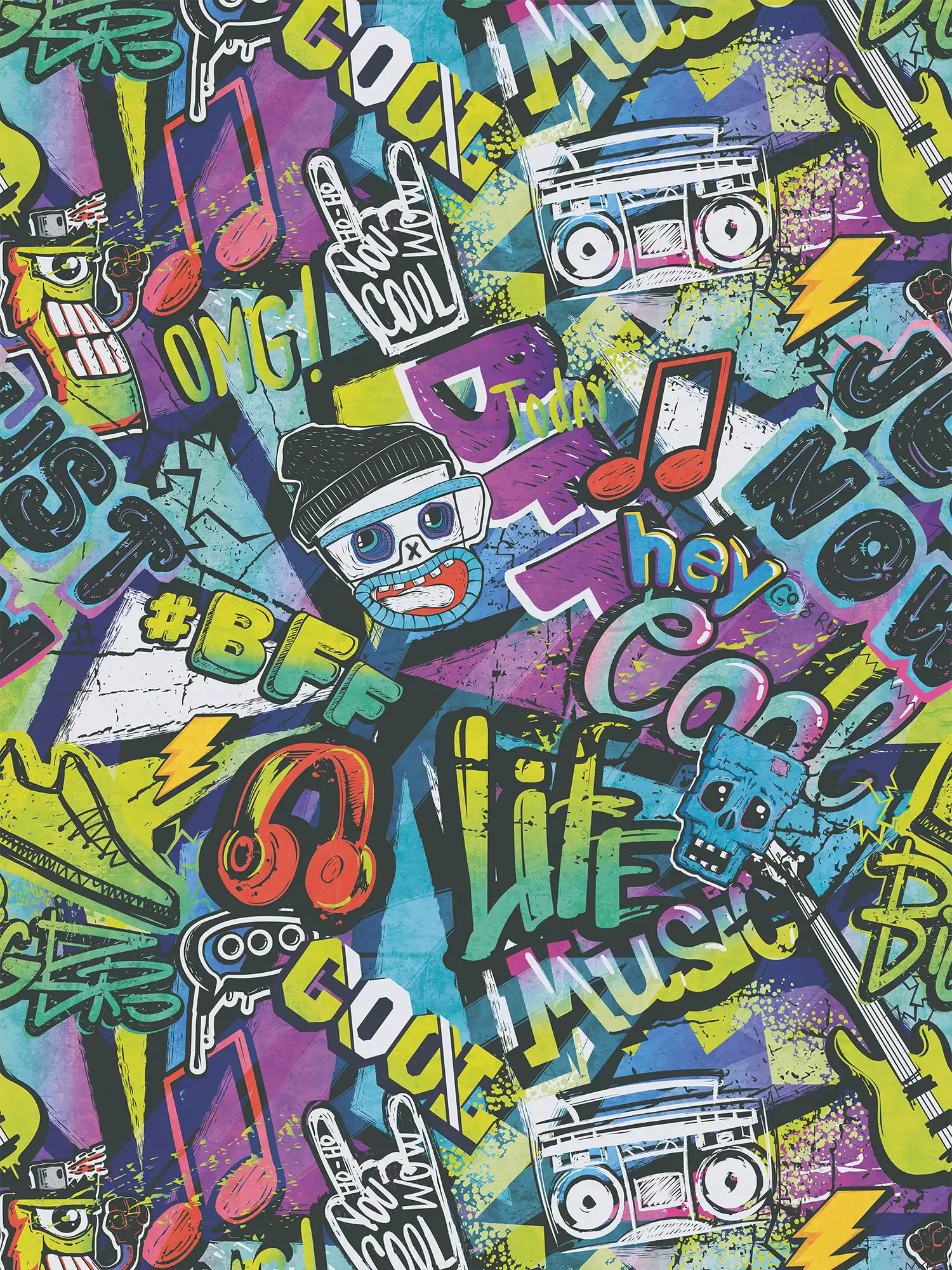         Vliesbehang in graffitistijl - kleurrijk street art motief voor een coole jeugdkamer
    