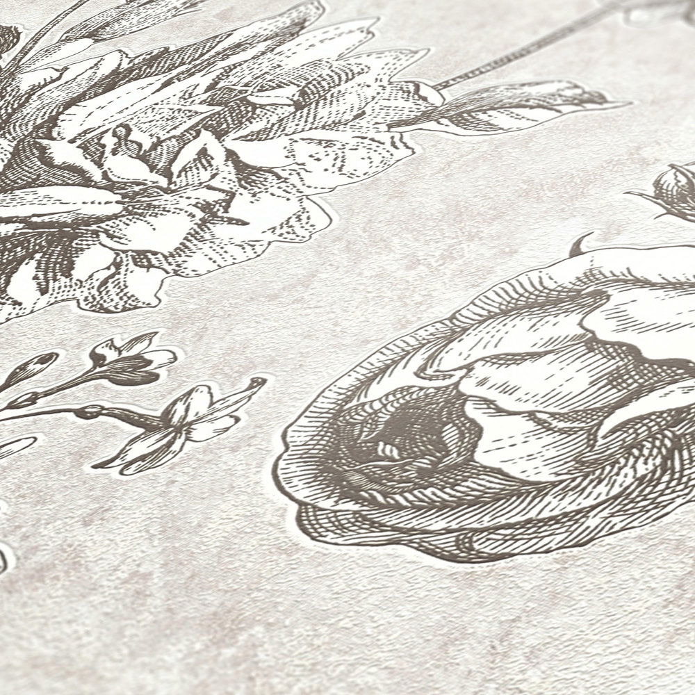             behang roos patroon in vintage teken stijl - grijs, crème
        