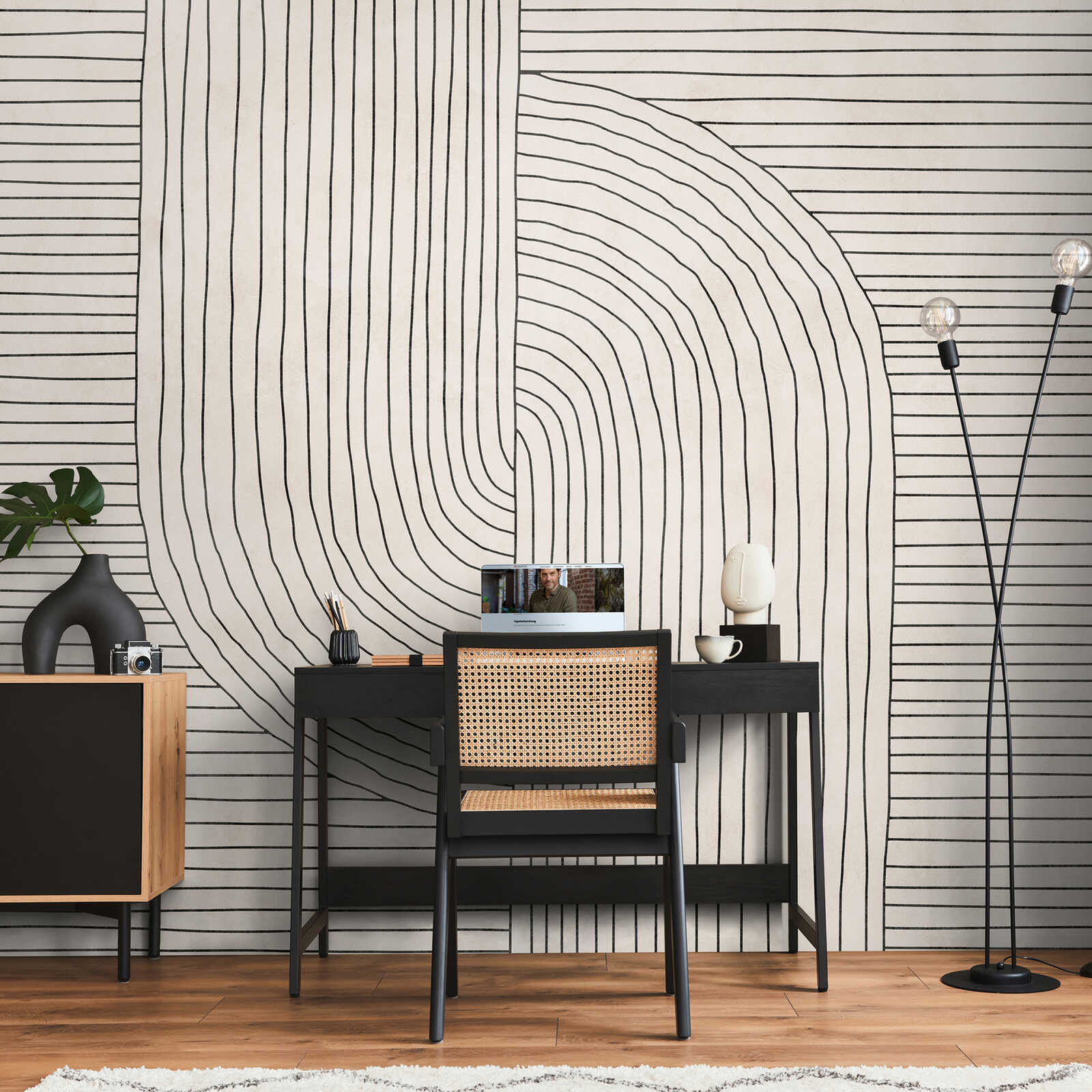 Arbeitszimmer, Schreibtisch, Wanddesign, Korbstuhllehne, Moderne Einrichtung