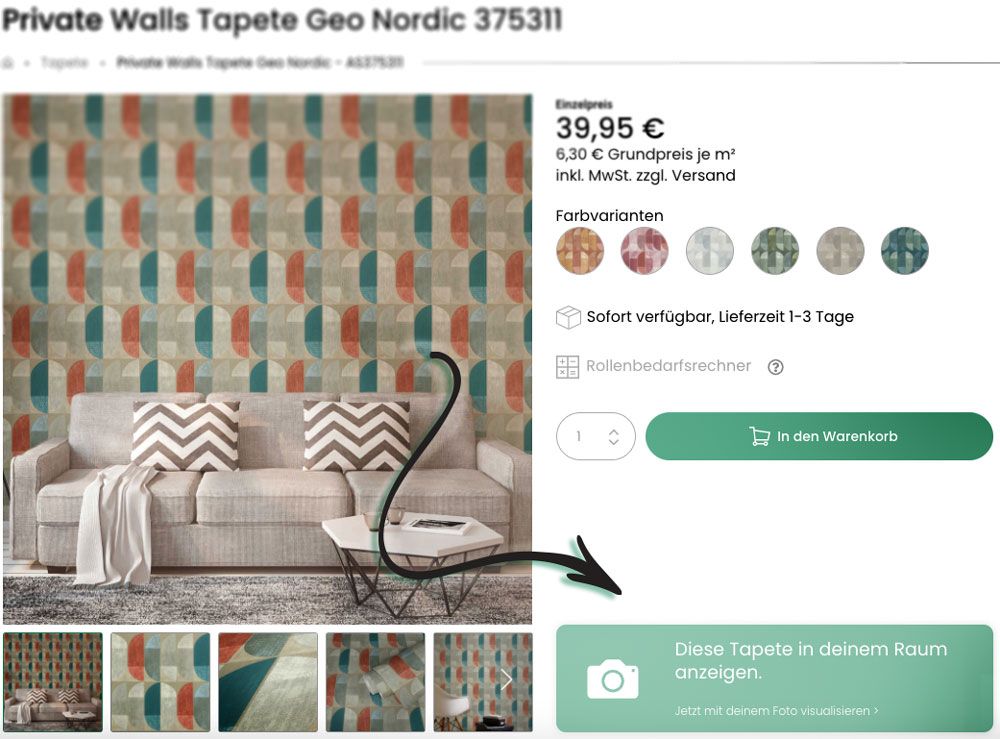 Produktdetailseite mit Raumvisualisierung für digitales Tapezieren