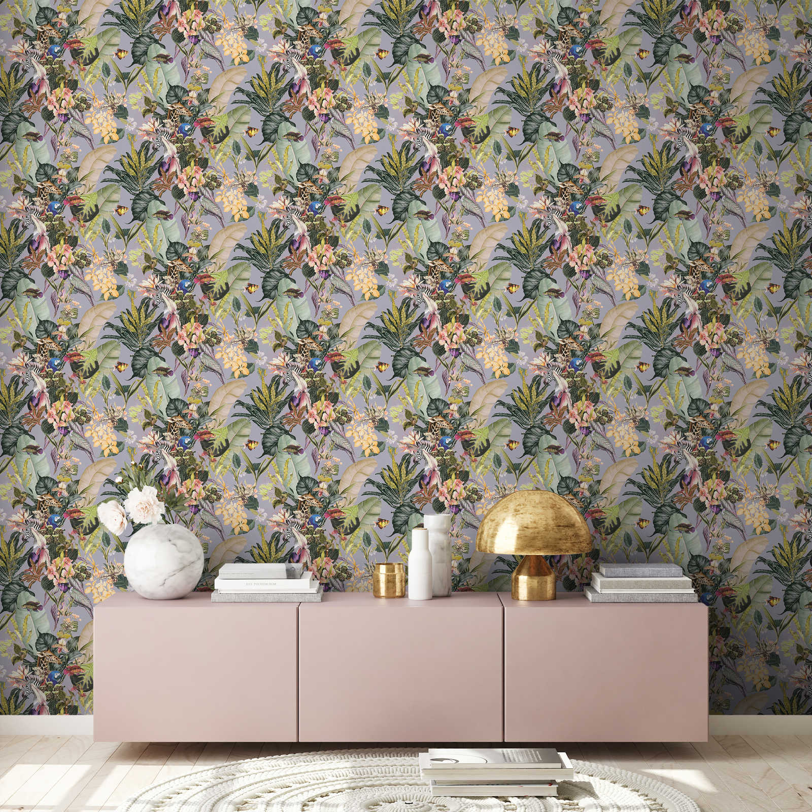 Natur Tapete mit Blumen &amp; Tieren – Grau, Grün