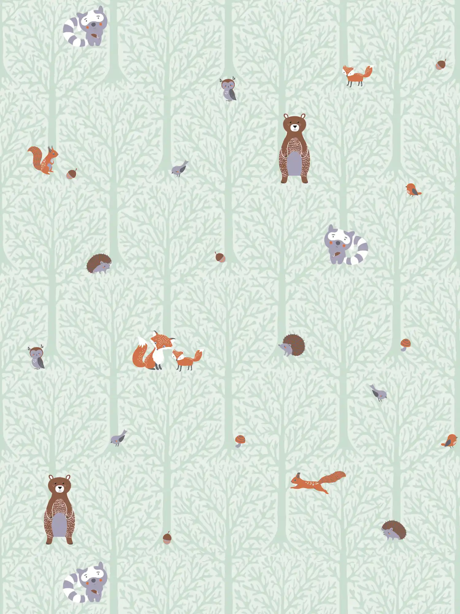         Chambre de garçon Papier peint Forêt Animaux - Vert, marron, orange
    
