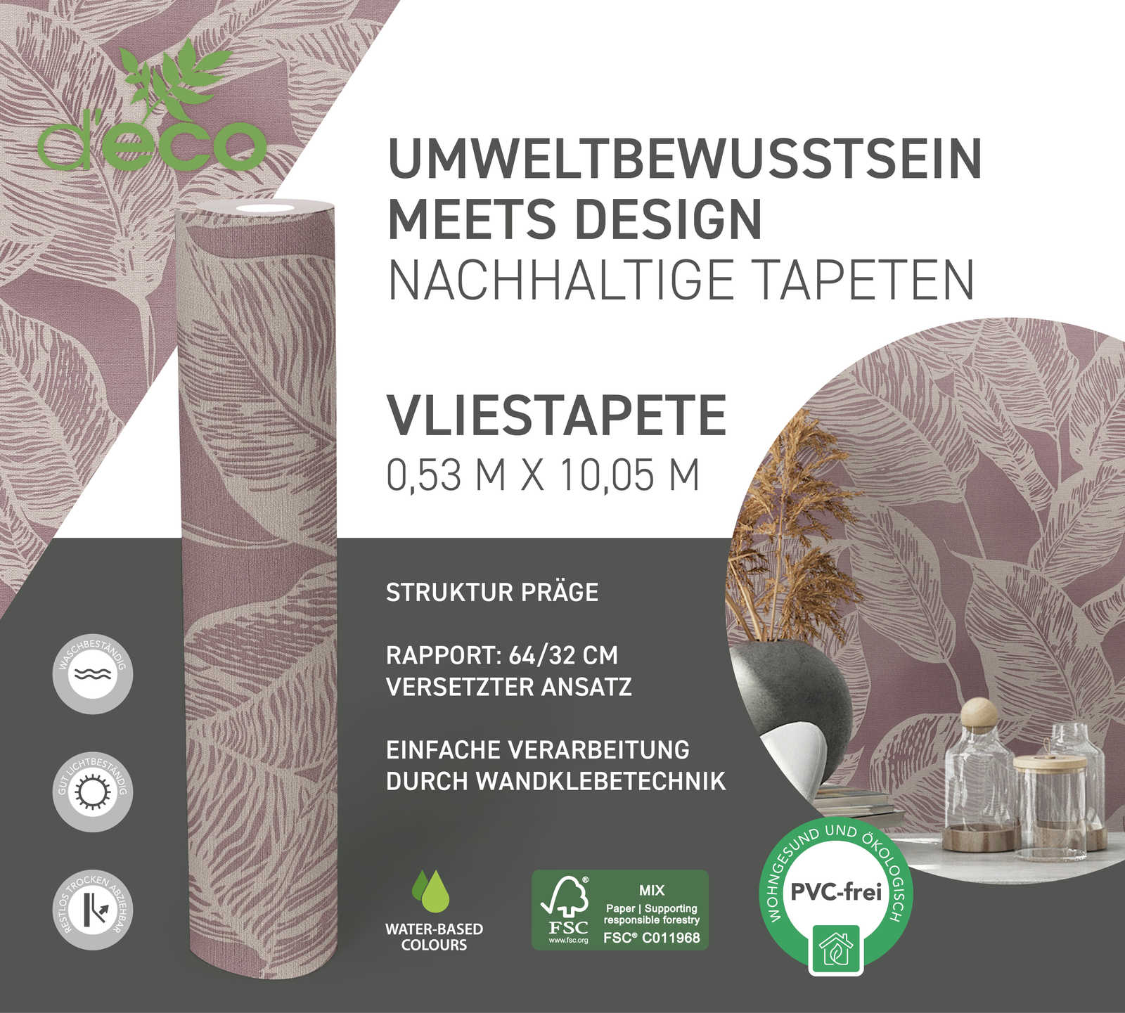             PVC-freie Vliestapete mit Blättermotiv – Rosa, Creme
        