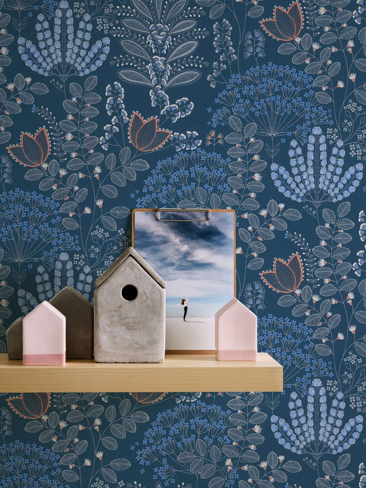 Vliestapete floral mit Blättern im Retro-Look leicht strukturiert, matt – Blau, Weiß, Grau