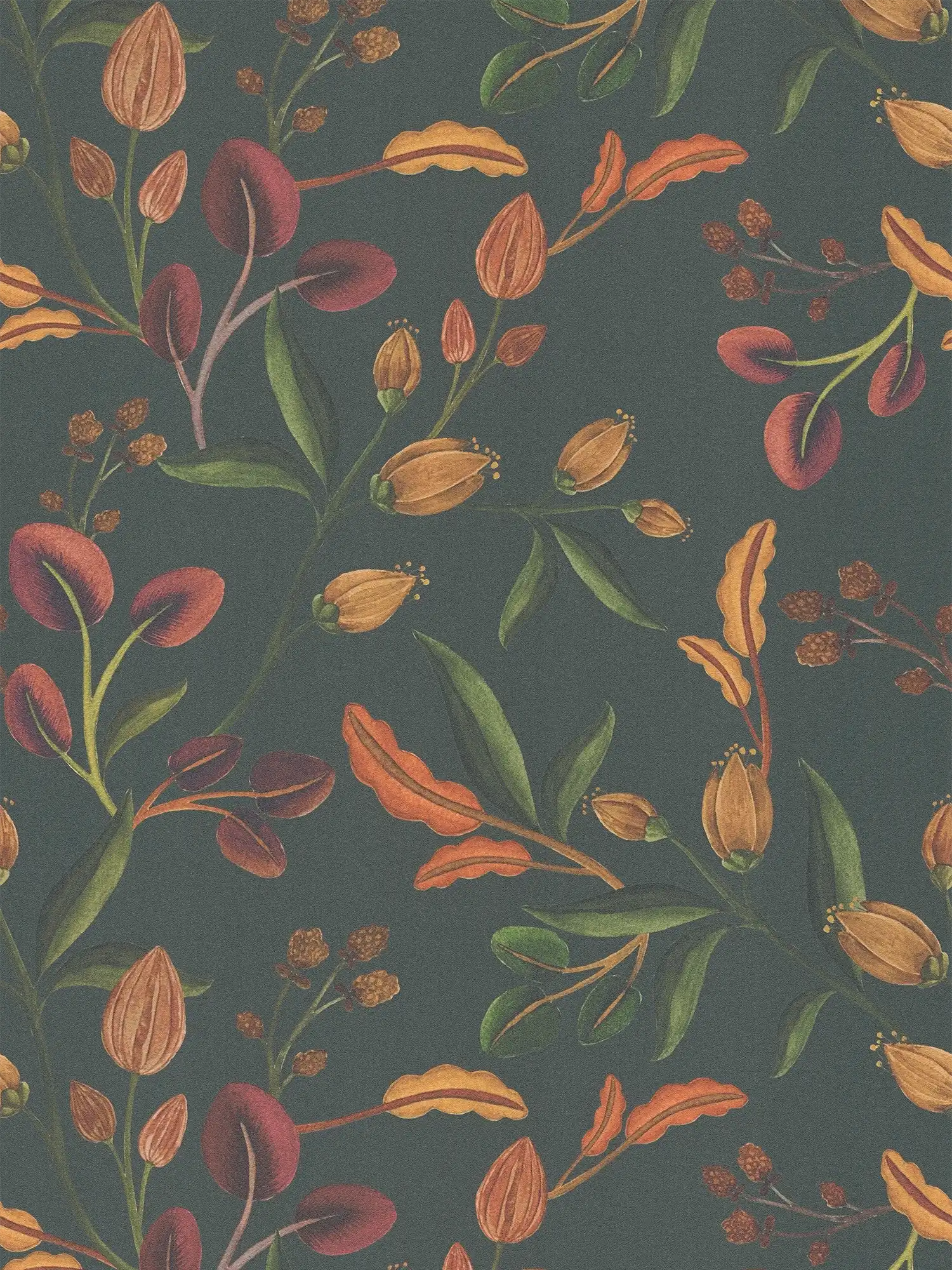         Ausdrucksstarke Vliestapete mit floralem Muster und lebendigen Blattdetails im Vintage-Stil, fein strukturiert – Schwarz, Bunt
    