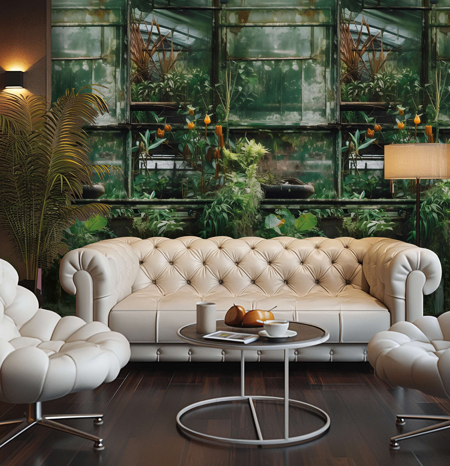             Glattes Vliestapeten Panel "Botanical Haven" 159cm Breite x 280cm Höhe - Verwunschenes Gewächshaus-Motiv – Grün
        