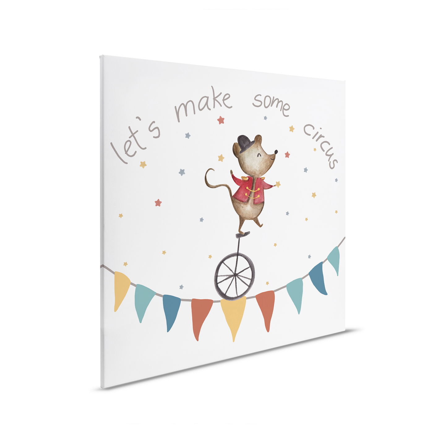 Canvas foto Circusmuis op eenwieler - Speels motief voor kinderkamer - 40 x 40 cm - Bont, Blauw