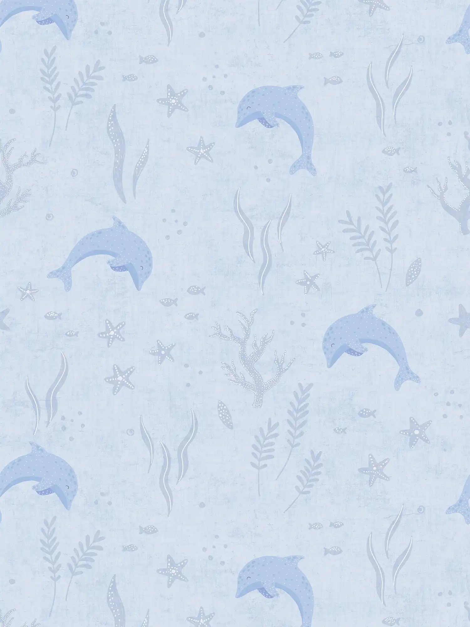         Kinderzimmer Vliestapete Unterwasserwelt - spielrisches Meeresmotiv mit Delfinen und Seesternen – Blau, Weiß
    