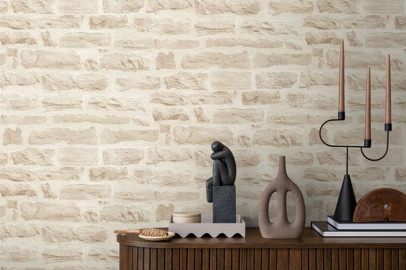 Helle Vliestapete Naturstein mit Mauer-Design – Beige, Creme