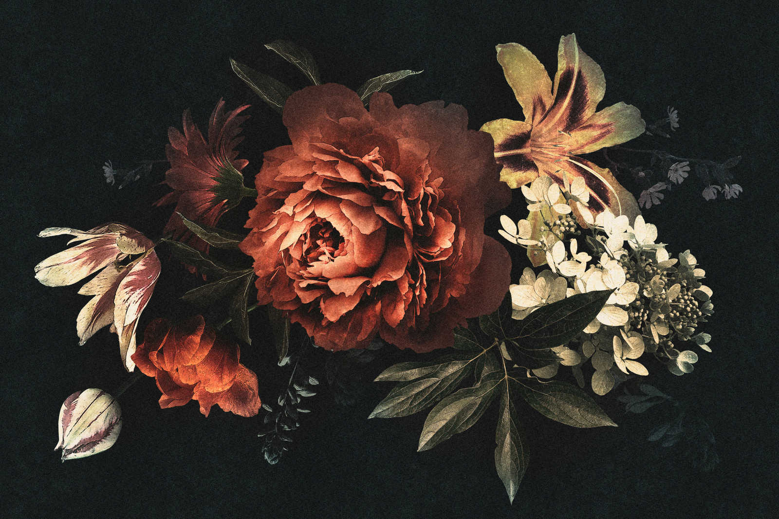             Drama queen 1 - Blumenstrauß Leinwandbild mit dunklem Hintergrund in Pappe Struktur – 0,90 m x 0,60 m
        