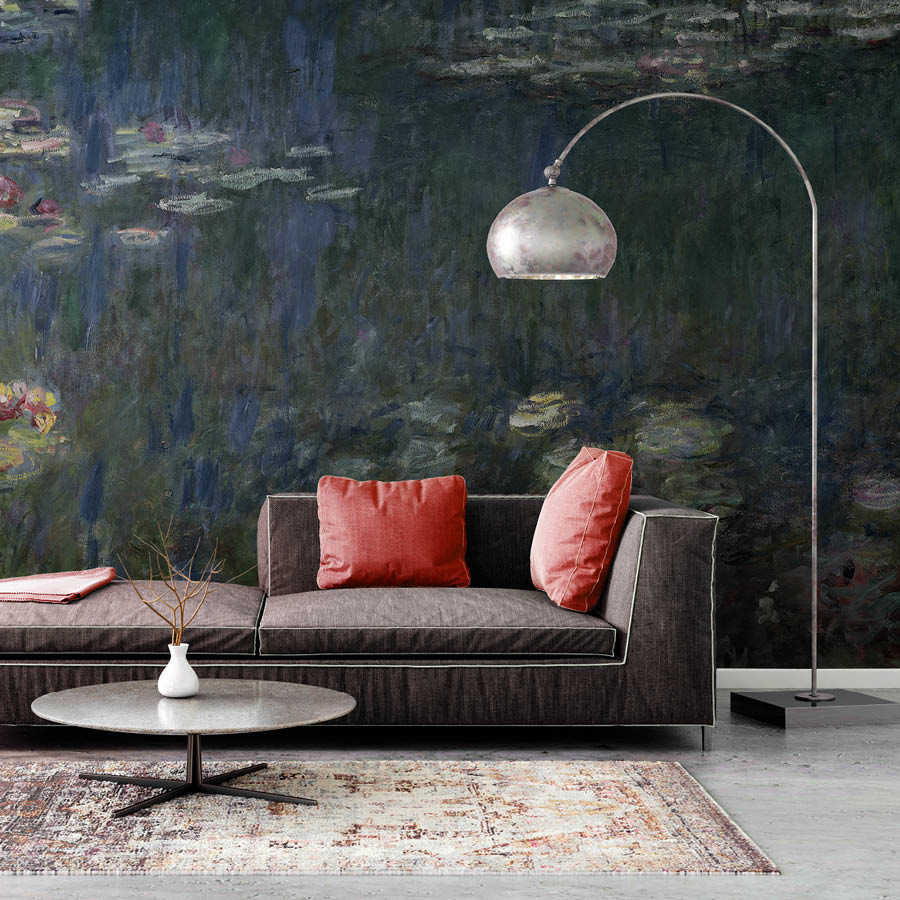 sofa, couch, wohnzimmer, rote-kissen, wand-mural
