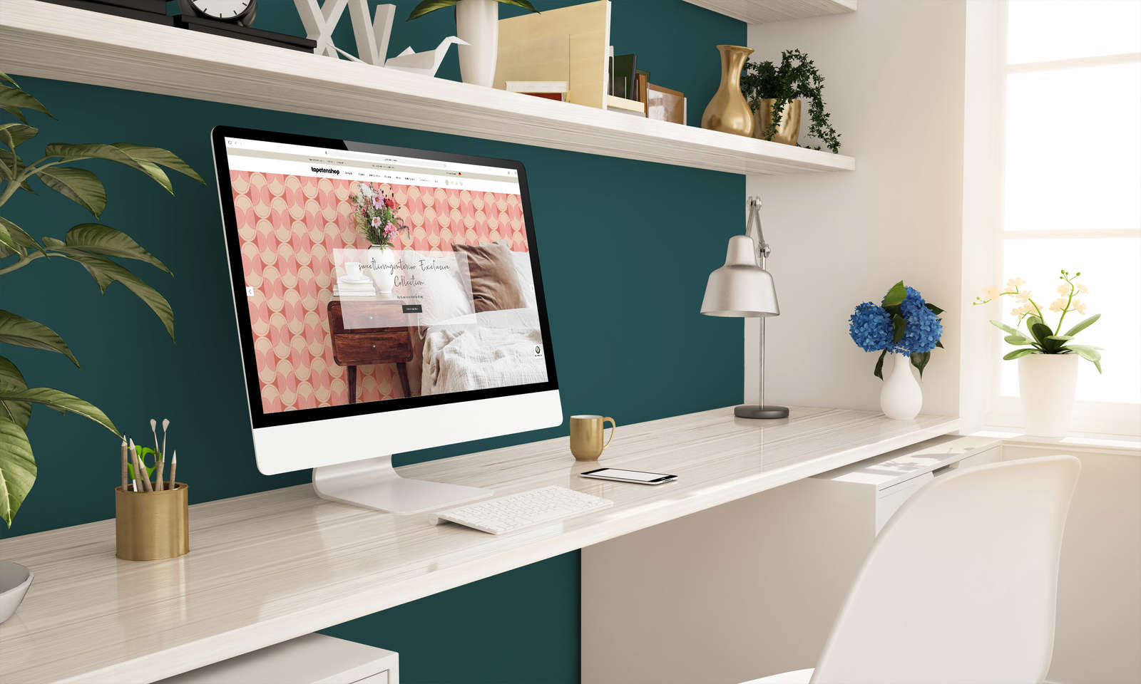 Monitor, Schreibtisch-Setup, Home-Office, Arbeitsplatz, Deko-Szene