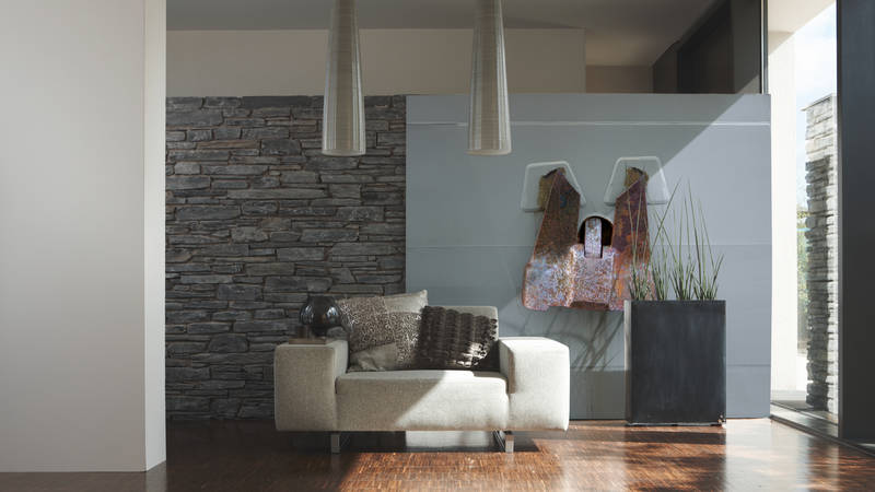 sofa, couch, wohnzimmer, steinmauer, dekorationstextil