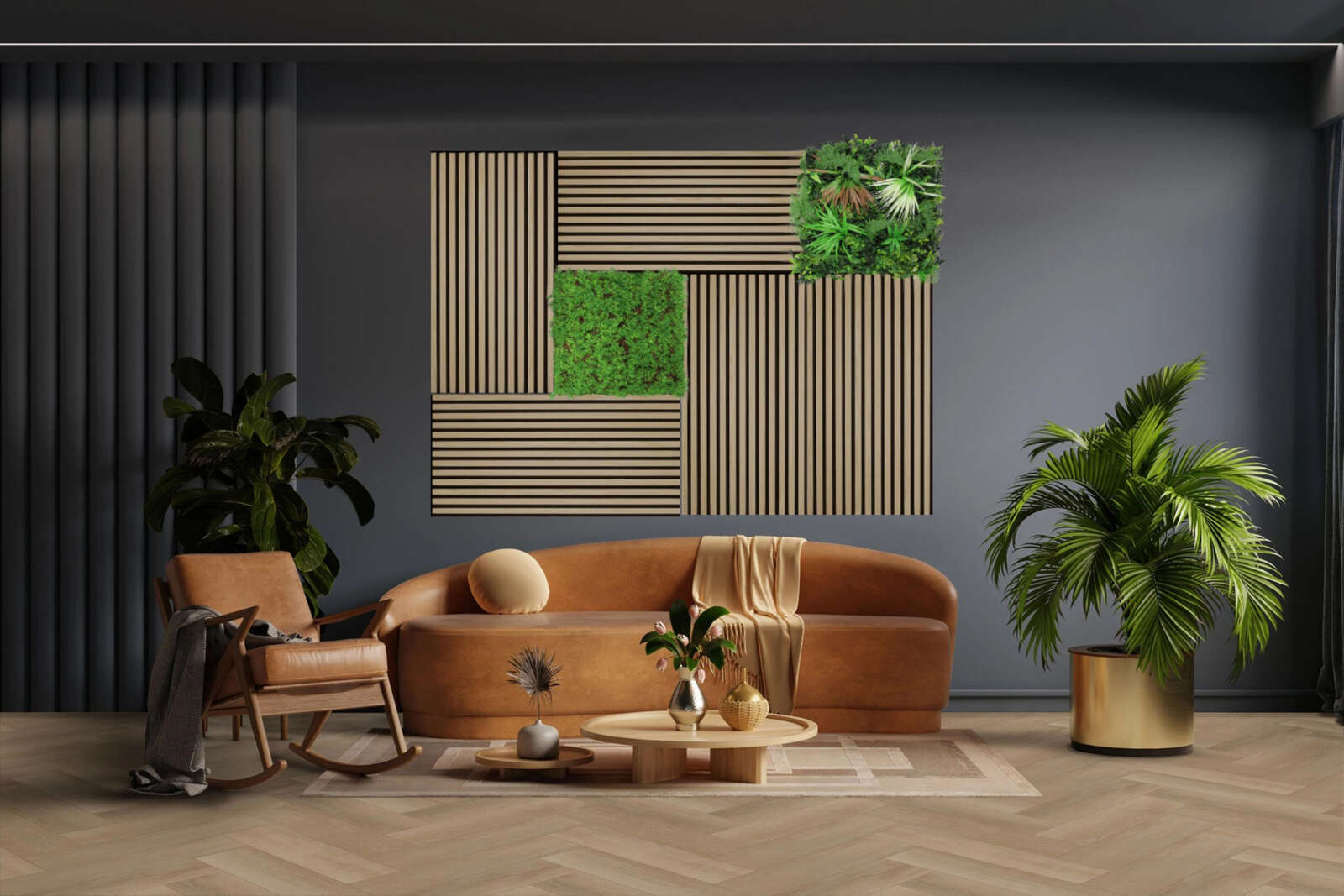 Sofa, braun, Leder, Wohnzimmer, Pflanzen-Dekor
