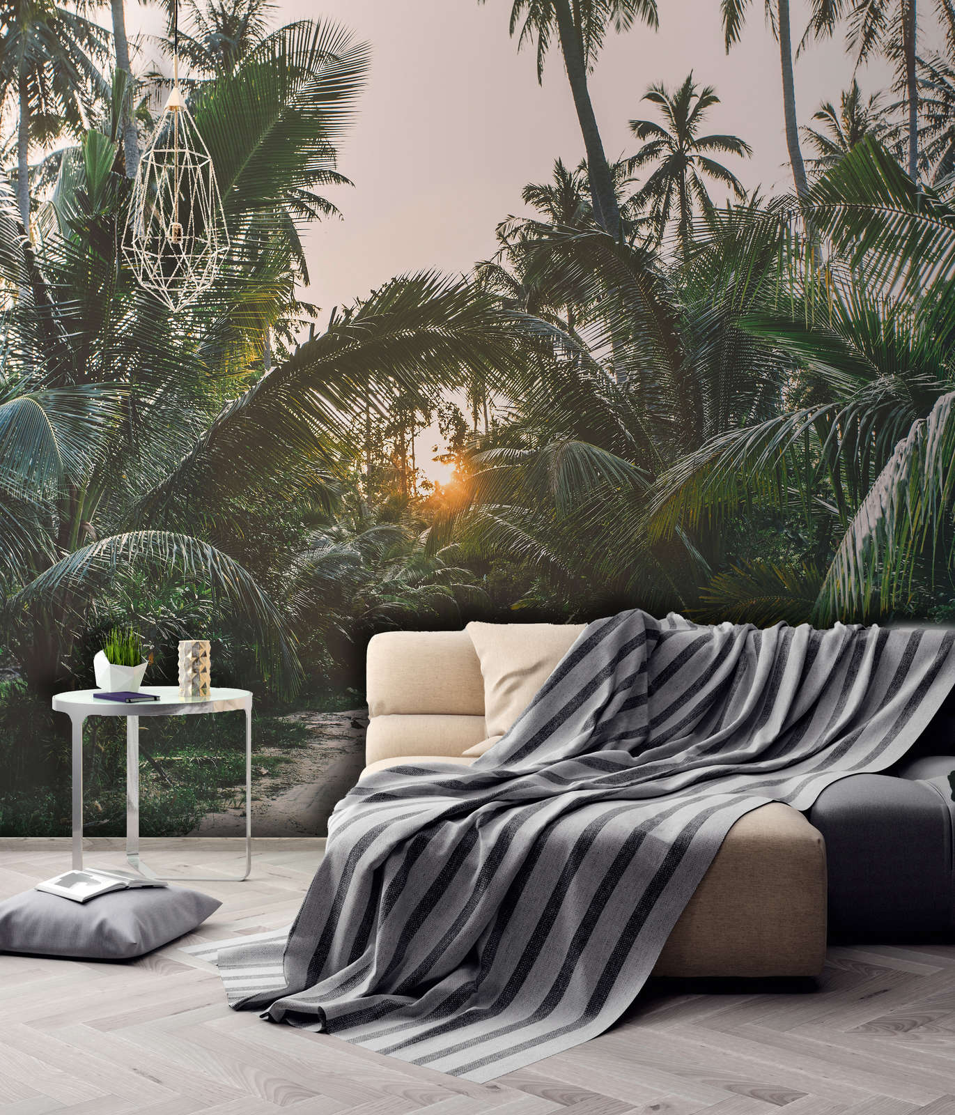 wohnzimmer, wandtapete, palmenwald, strickdecke, couchtisch