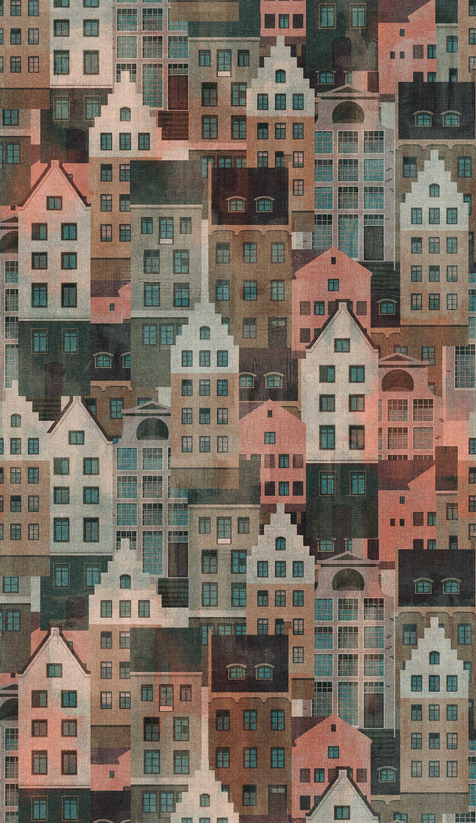             Tapete mit auffälligem Häuser-Muster – Bunt, Blau, Rosa
        