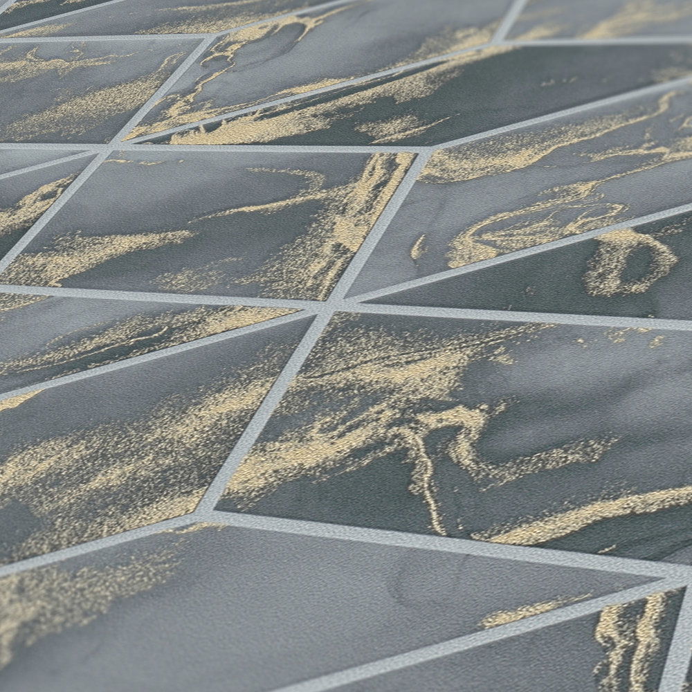             Marmer behang tegel look met goud accent - grijs, groen, metallic
        