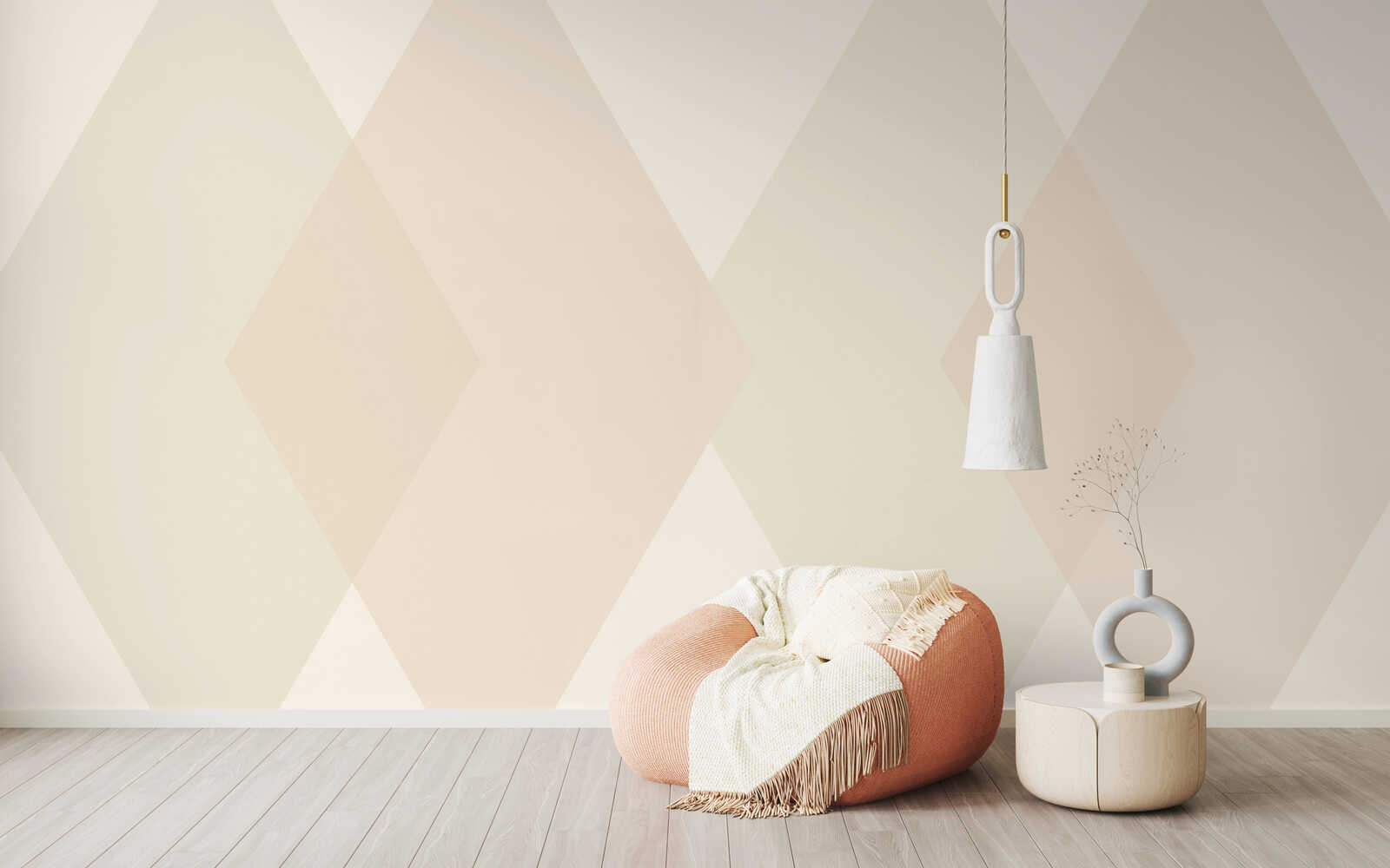 wohnzimmer, deko, lampenpendel, geometrische wand, kissen
