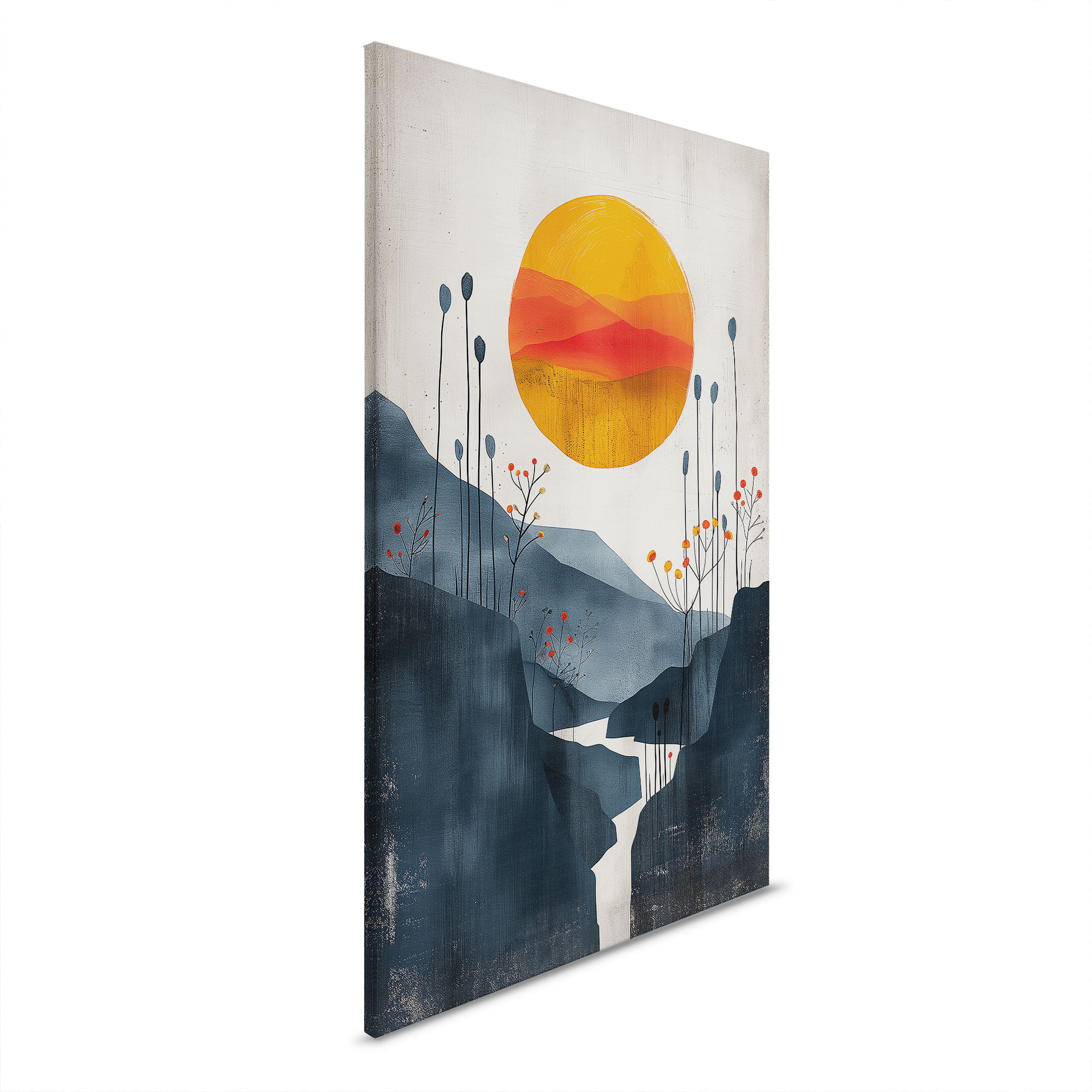         Abendsonne im Tal - Abstrakte Landschaft auf hochwertiger Leinwand. – 30 x 45 cm - Orange, Blau
    