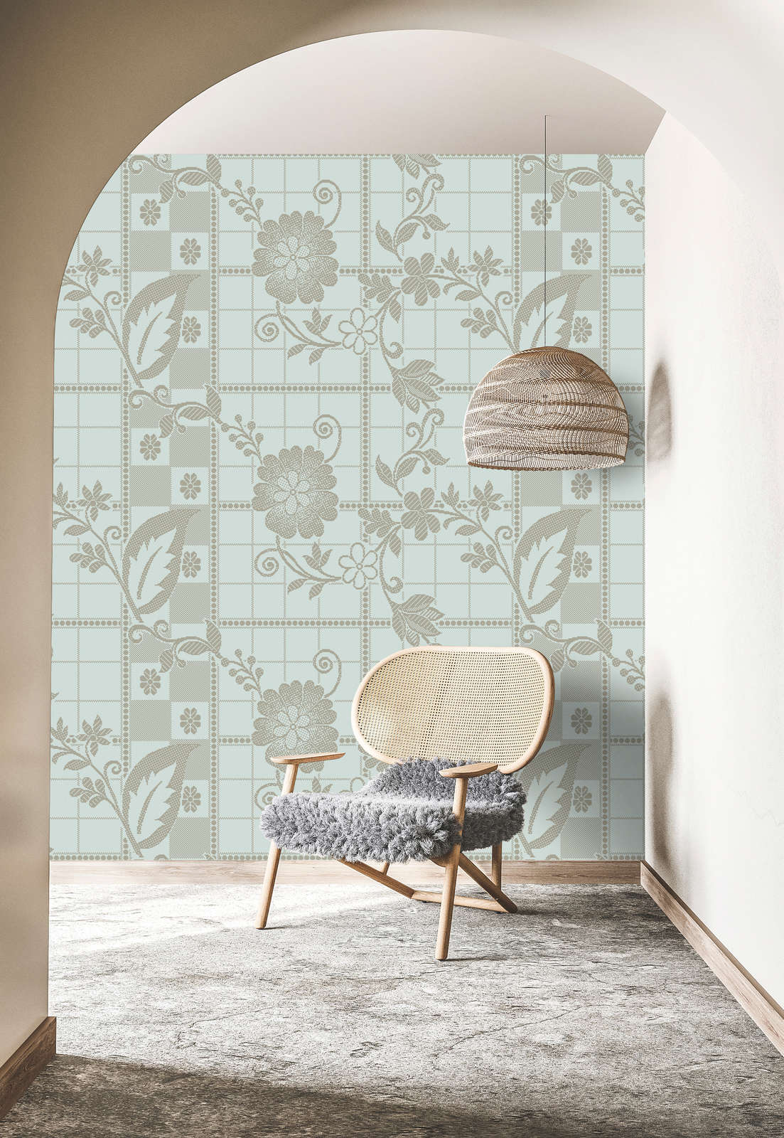             Fototapete »valerie« - Kleine Quadrate im Pixel-Stil mit Blumen – Helles Mintgrün | Glattes, leicht glänzendes Premiumvlies
        