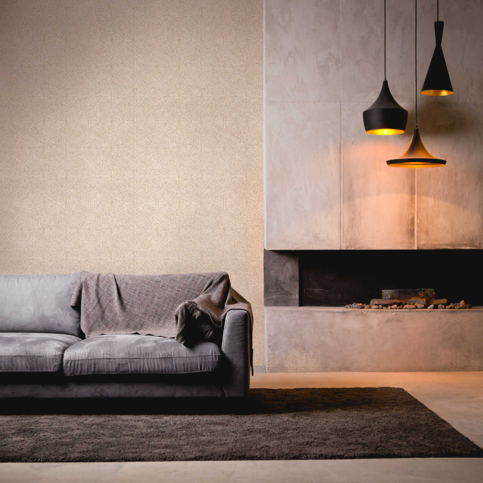 Grafikmuster Tapete mit Holzoptik Design – Beige, Metallic