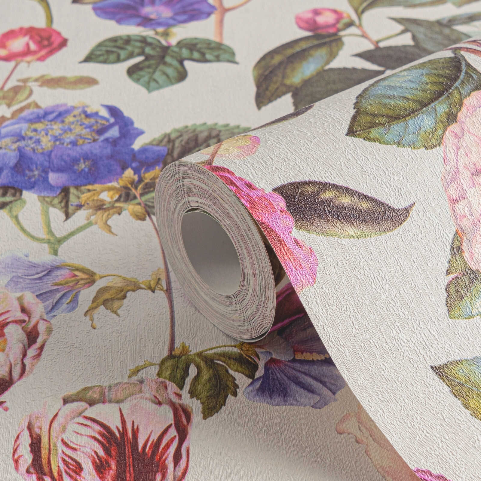             Blüten-Tapete mit Blumen in leuchtenden Farben – Bunt, Grün, Grau
        