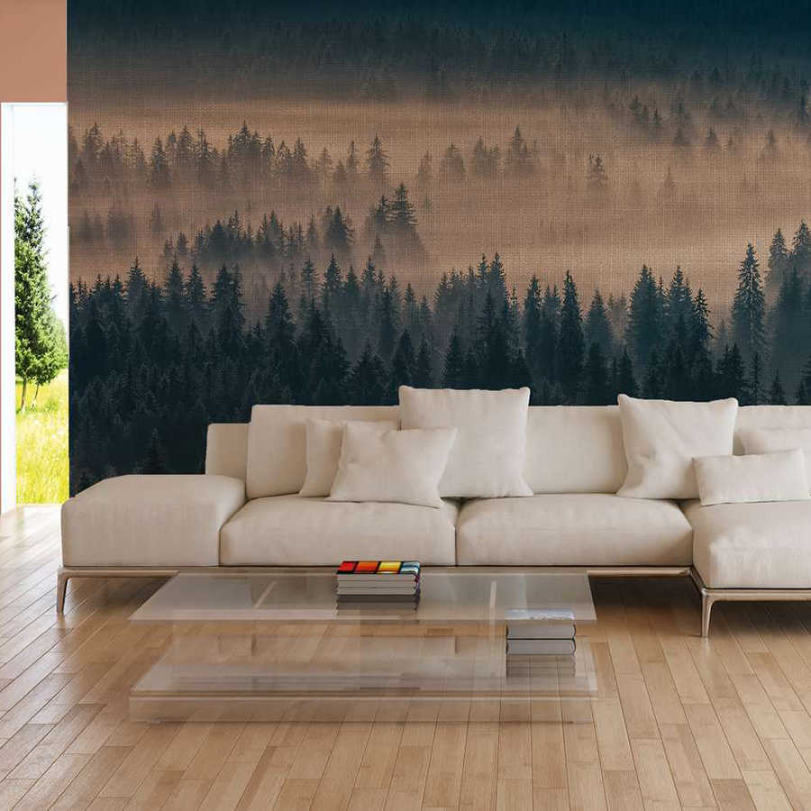 Wandtapete, Waldmotiv, Sofa, Wohnzimmer, Tisch aus Glas