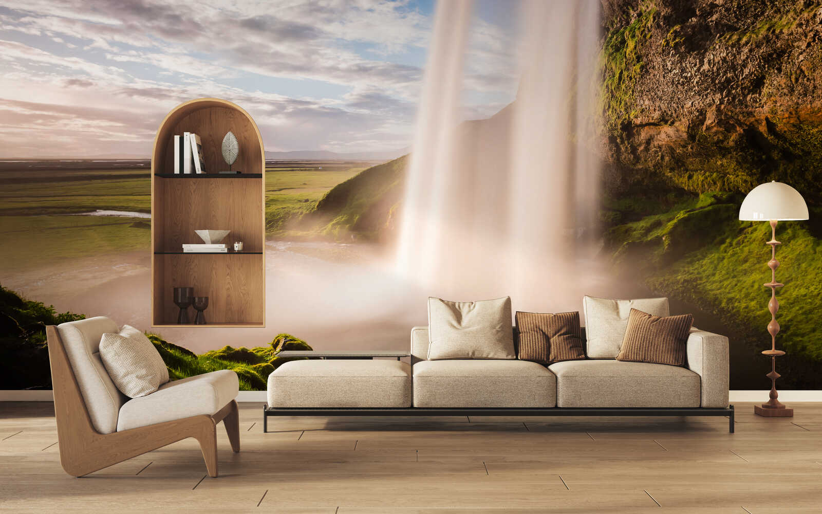 Wohnzimmer, Sofa, Sessel, Bücherschrank, Wandbild