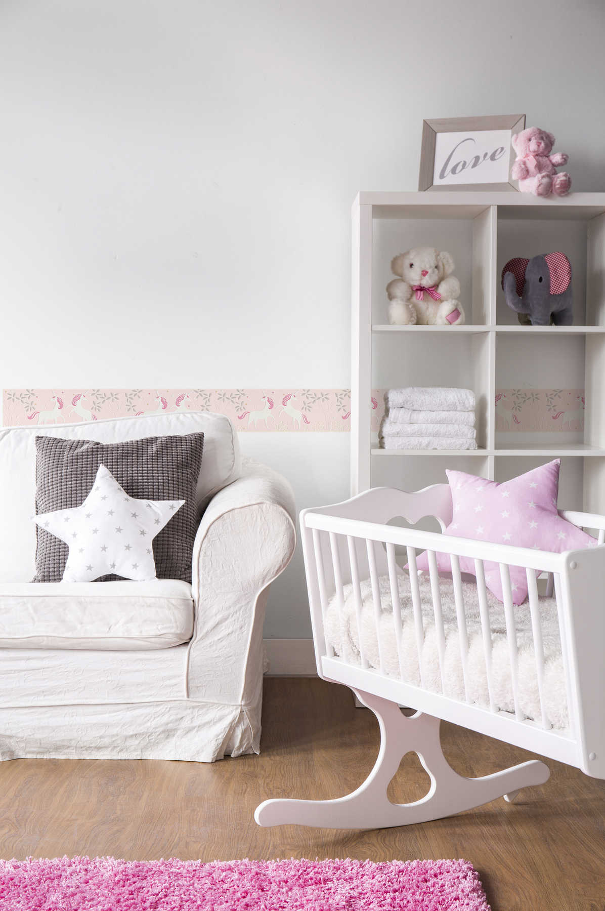             Rosa Einhorn-Bordüre Vlies für Mädchenzimmer – Rosa, Silber
        