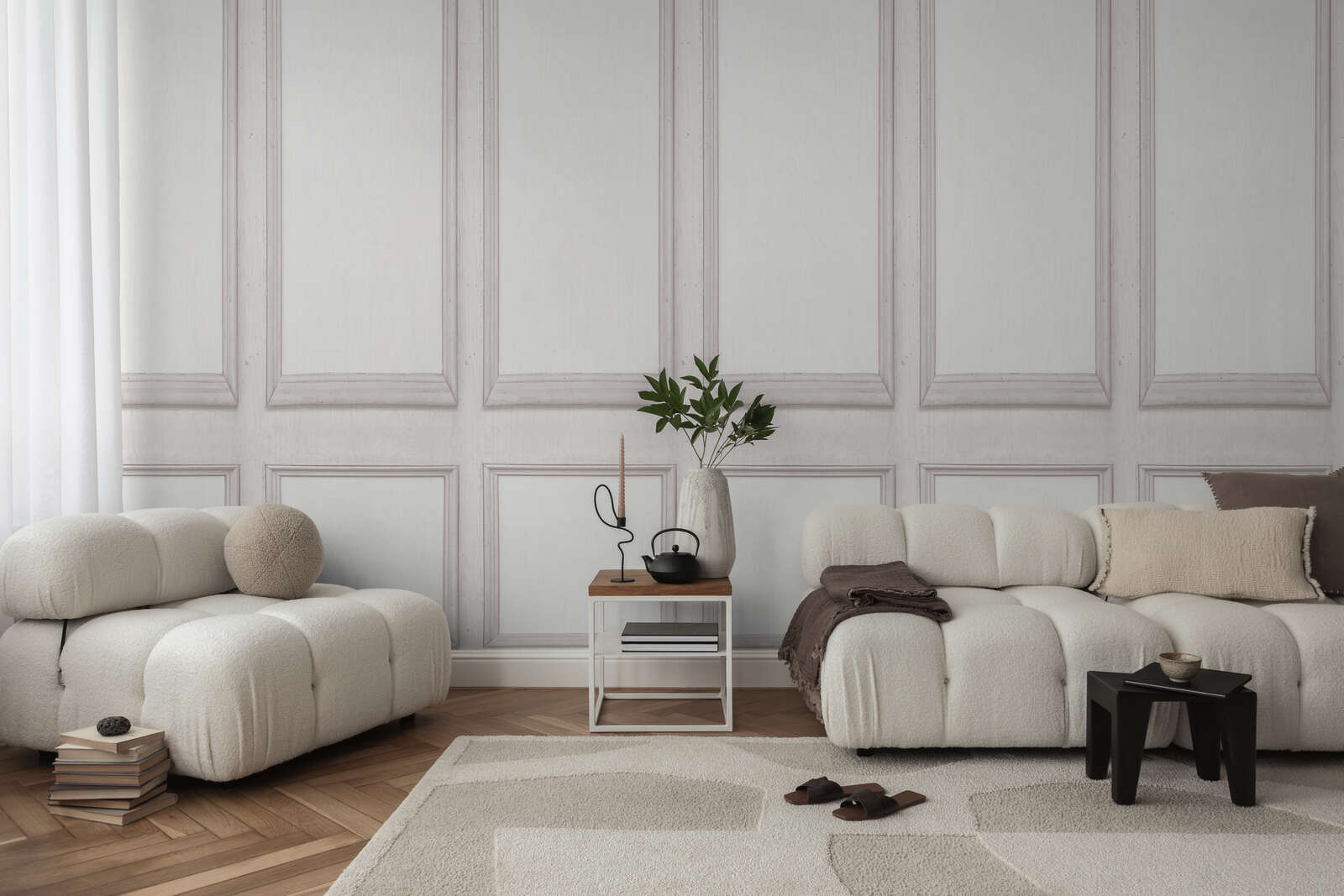 Wohnzimmer, Sofa, Wandpaneele, Vase, Pflanze