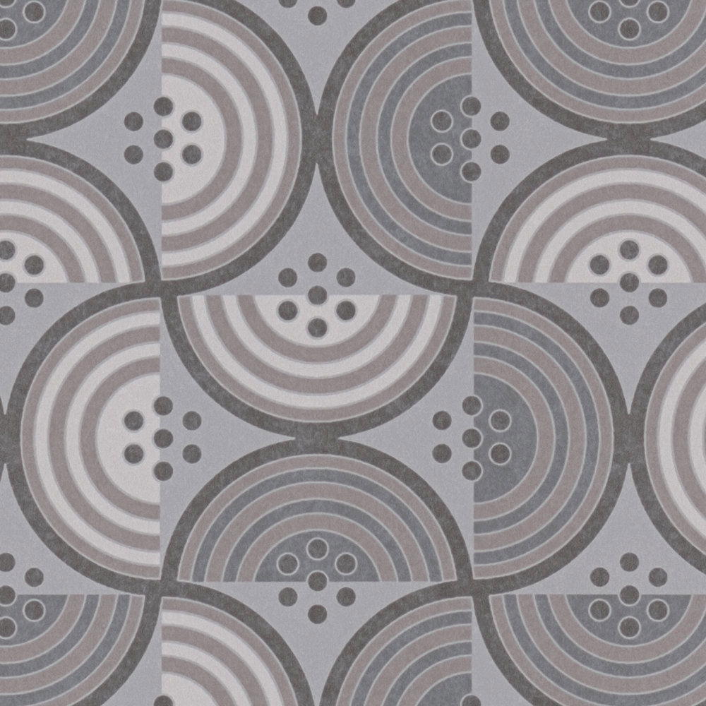             Grafische Tapete mit Punkt- & Halbkreismuster – Taupe, Grau, Creme
        