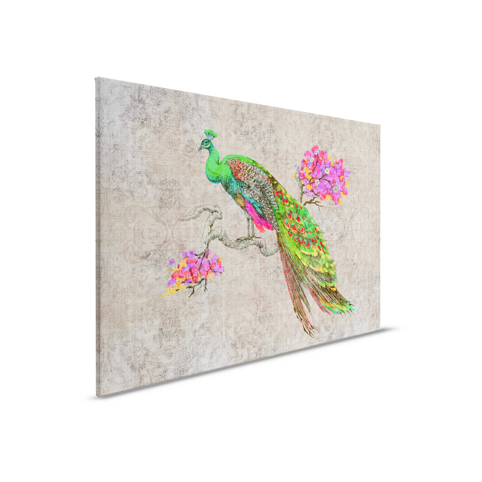 Peacock 1 - Canvas painting in natural linen structure with peacock in neon colours - 0.90 m x 0.60 m