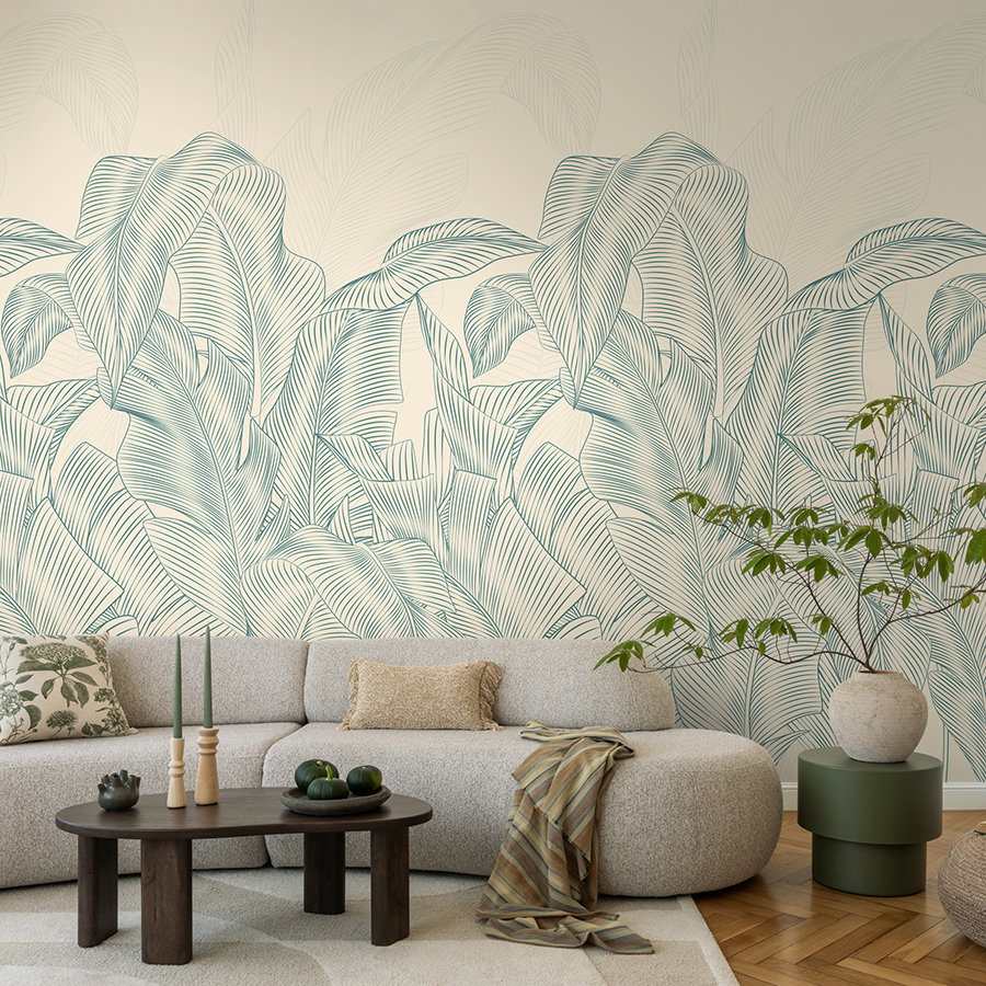 Modern non-woven wallpaper with tropical leaves in elegant line art design matt & smooth - beige