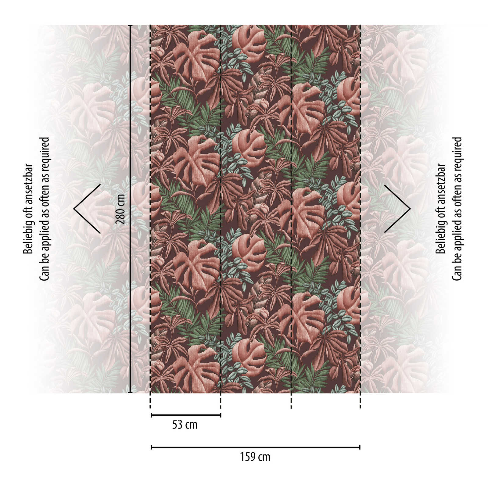             Bloemrijk vliesbehang met bladeren varen & bananenbladeren - roze, groen, turquoise
        