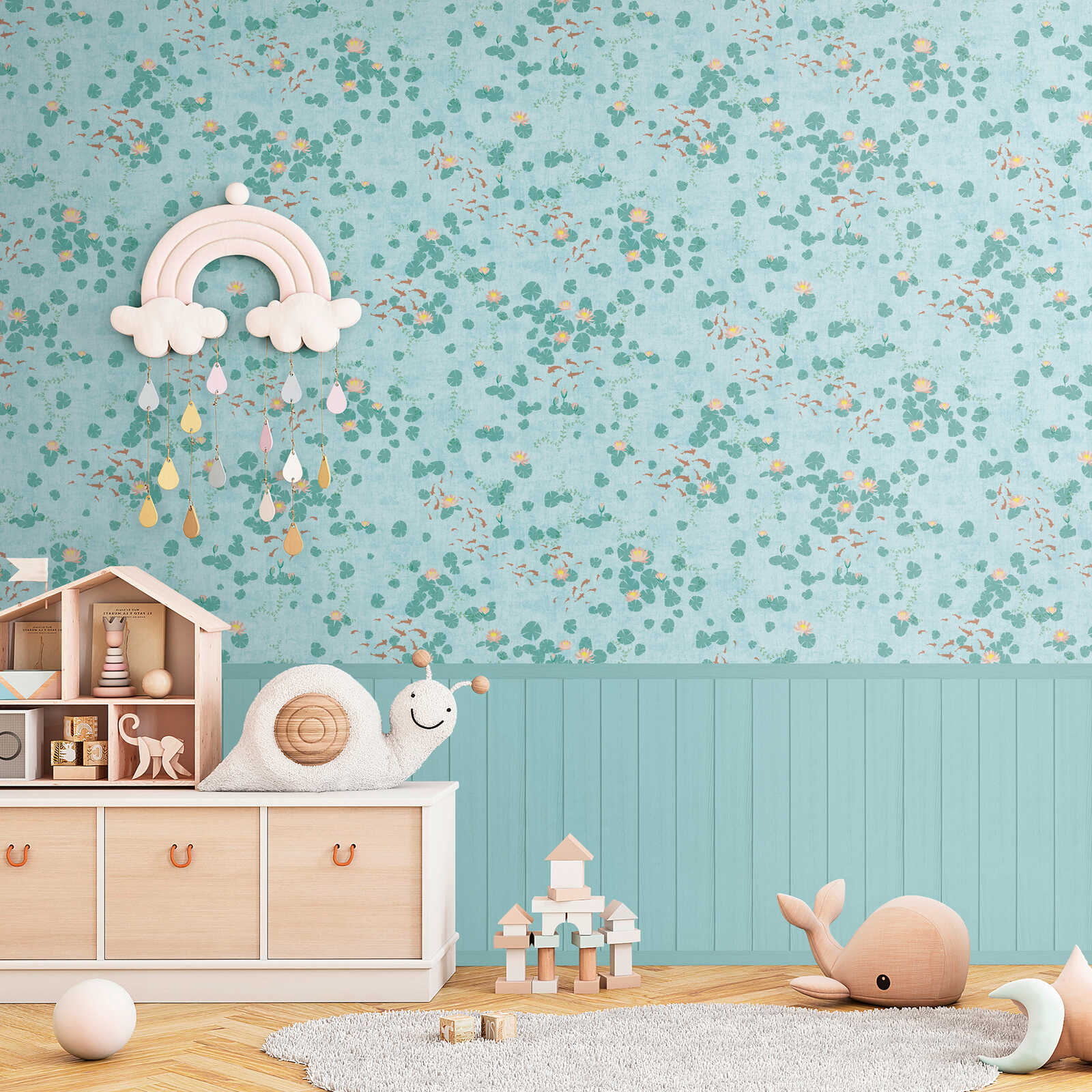         Blütenmeer Vliestapeten-Panel 159cm Breite x 280cm Höhe – Zartes Blumenmuster in fröhlichen Pastelltönen, glatte Oberfläche – Bunt, türkis
    