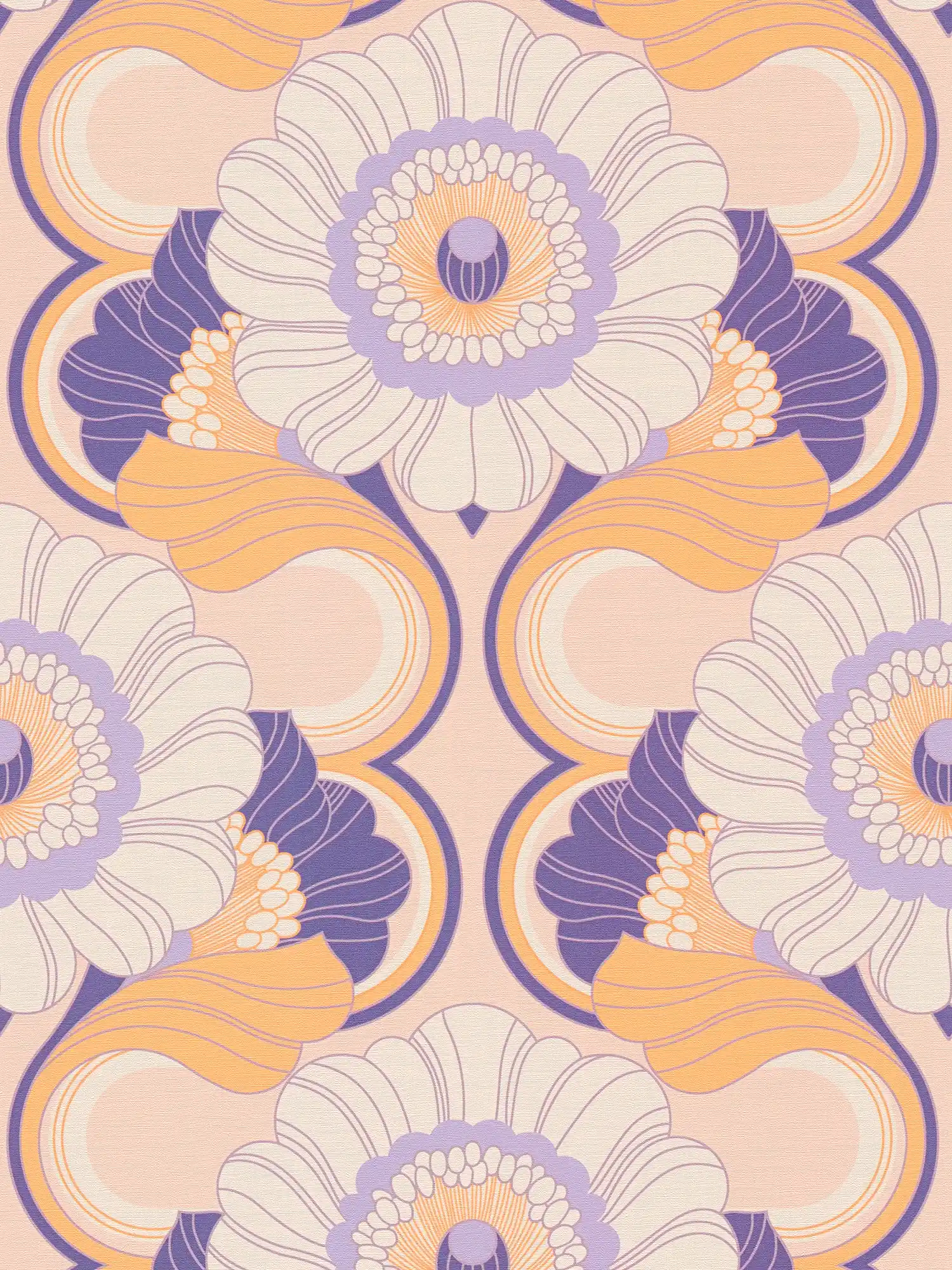 Retro Tapete mit Blumenmuster – Beige, Gelb, Lila