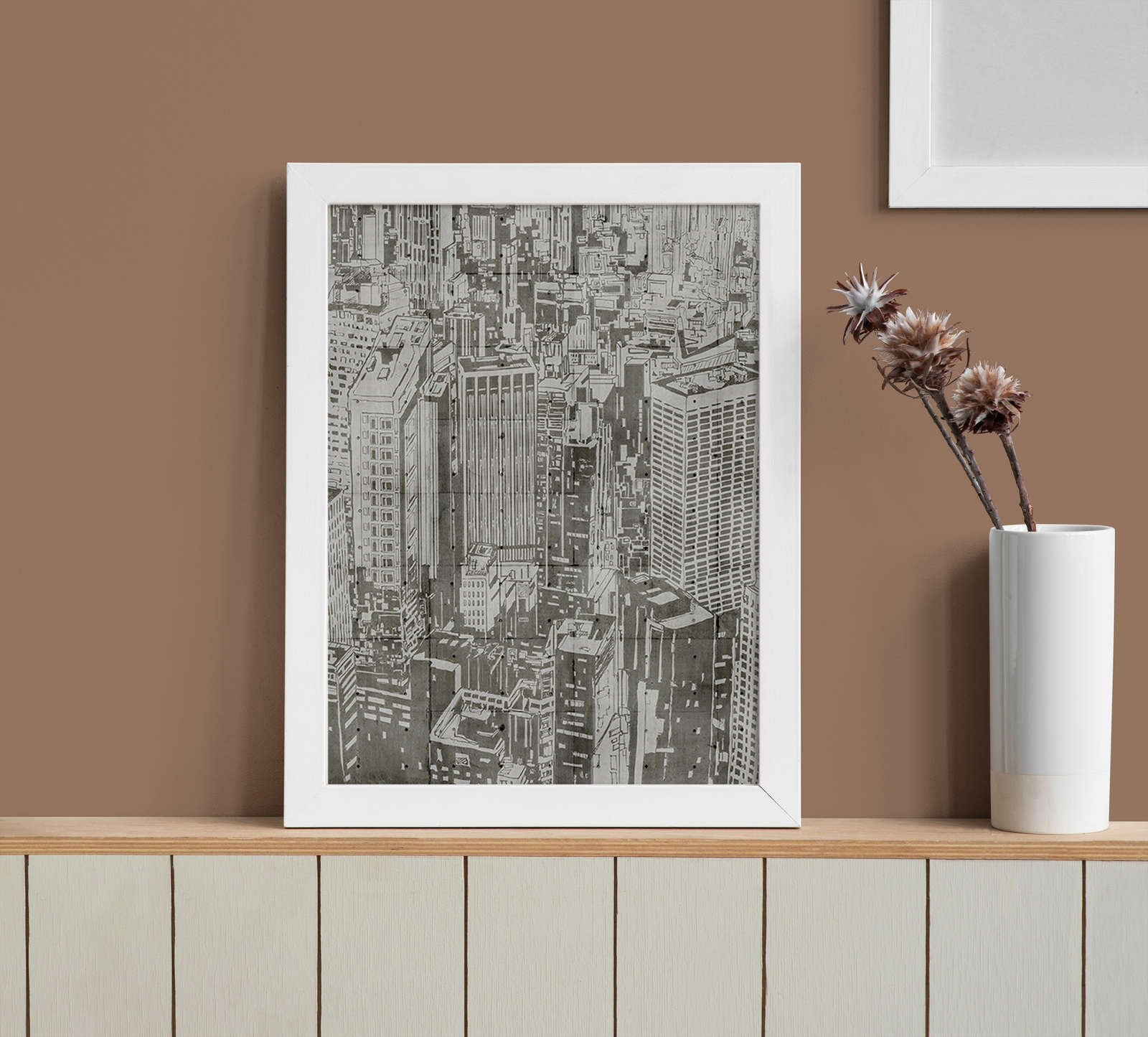  gerahmtes Druckbild, Stadtansicht, Schwarzweiß, Hochformat, Poster