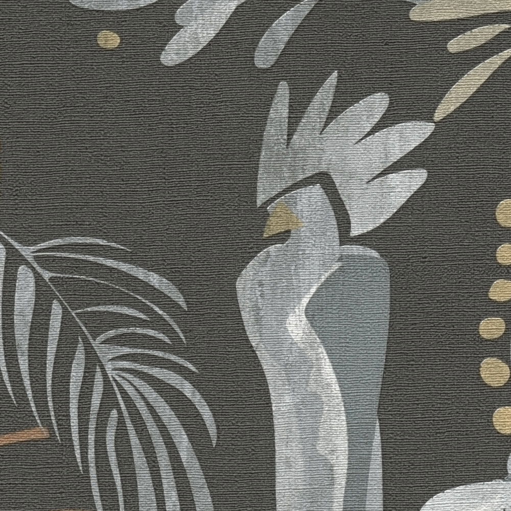             Tapete mit Dschungelpflanzen und Vögeln – Schwarz, Grau, Beige
        