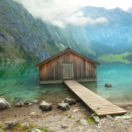 holzhaus, seehaus, steg, holzdamm, bergesee