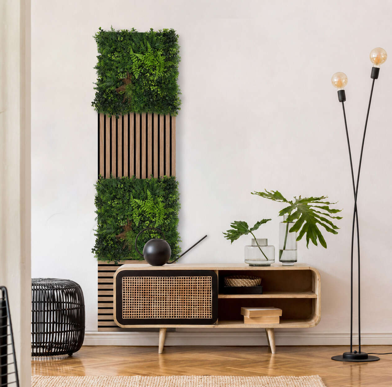 Wohnzimmer, Pflanzenwand, Möbelplatte, Lampe, Grüner Pflanzenbereich