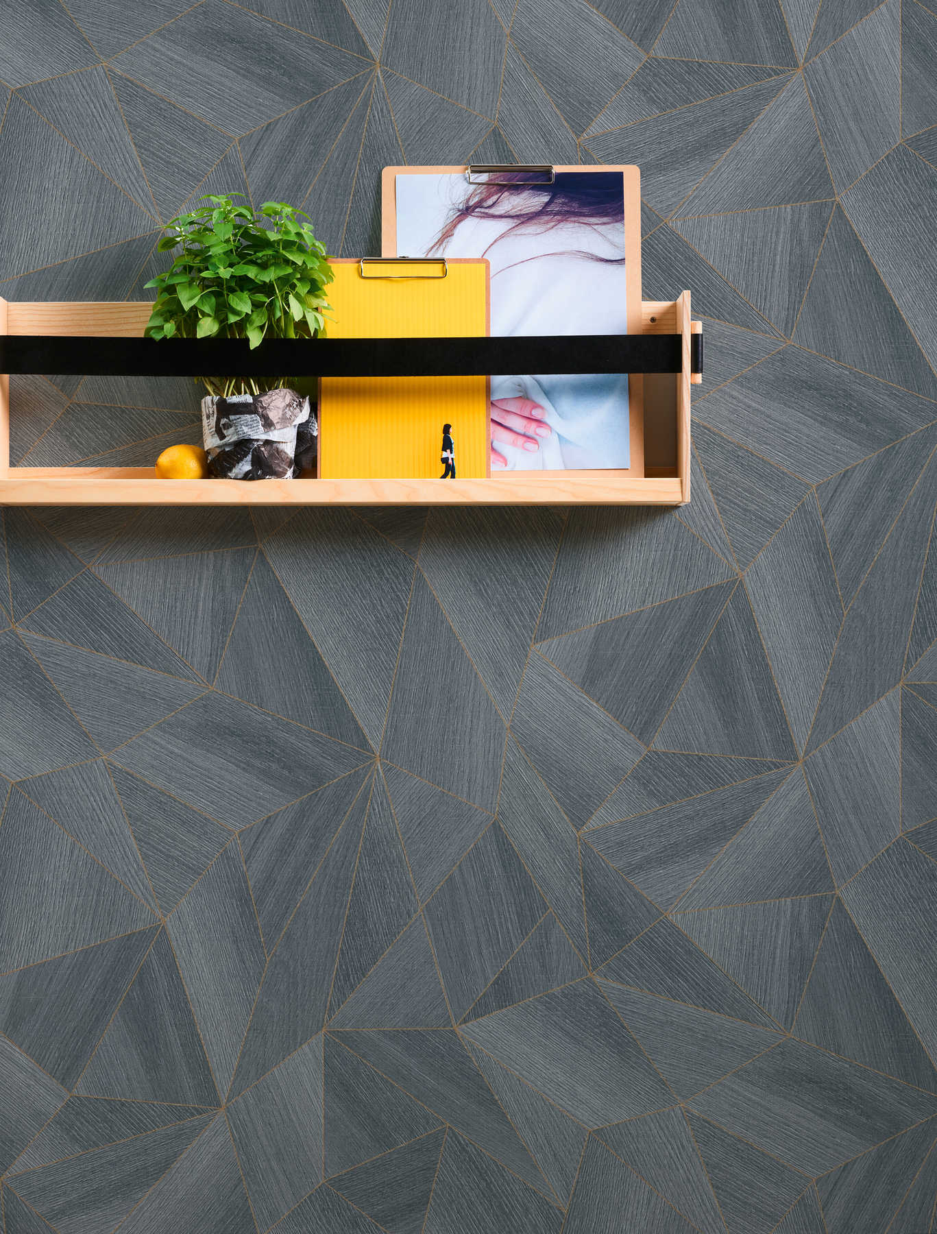 Holztapete geometrisches Muster &amp; Metallic-Effekt – Grau, Schwarz