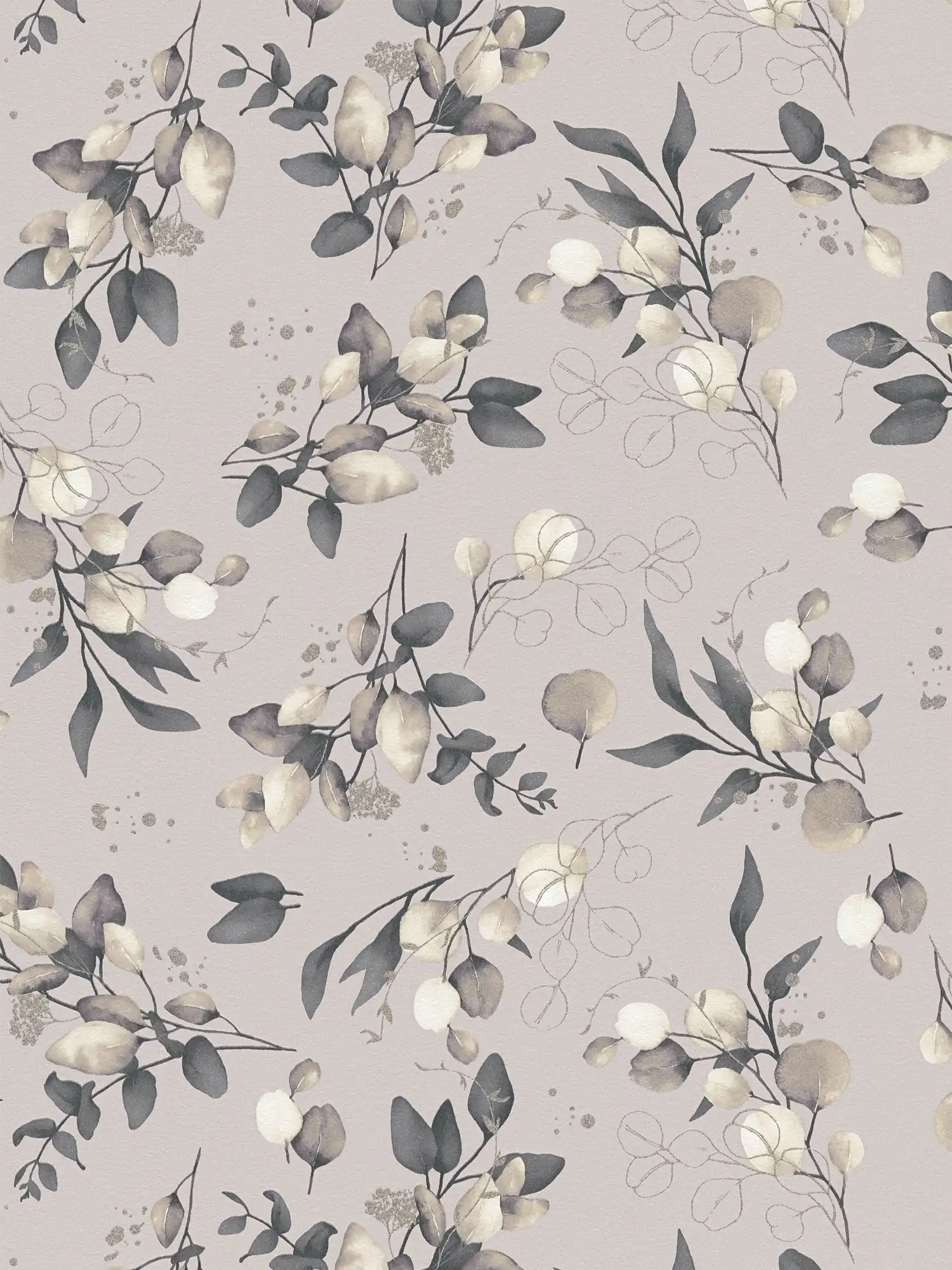 Non-woven wallpaper with floral motif & gold accents on a smooth surface - beige, black, cream