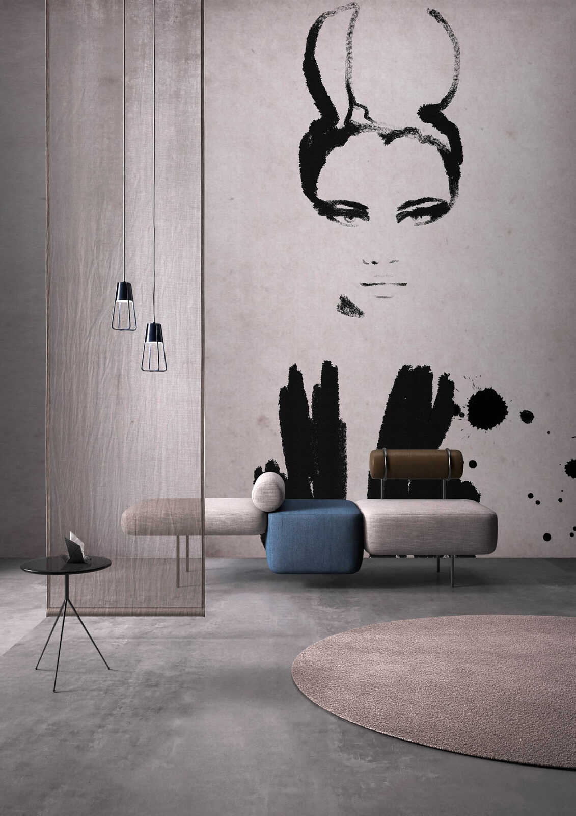 Lounge-Sofa, modulare Sitzgruppe, graue Polsterung, schwarze Wandkunst, runder Teppich