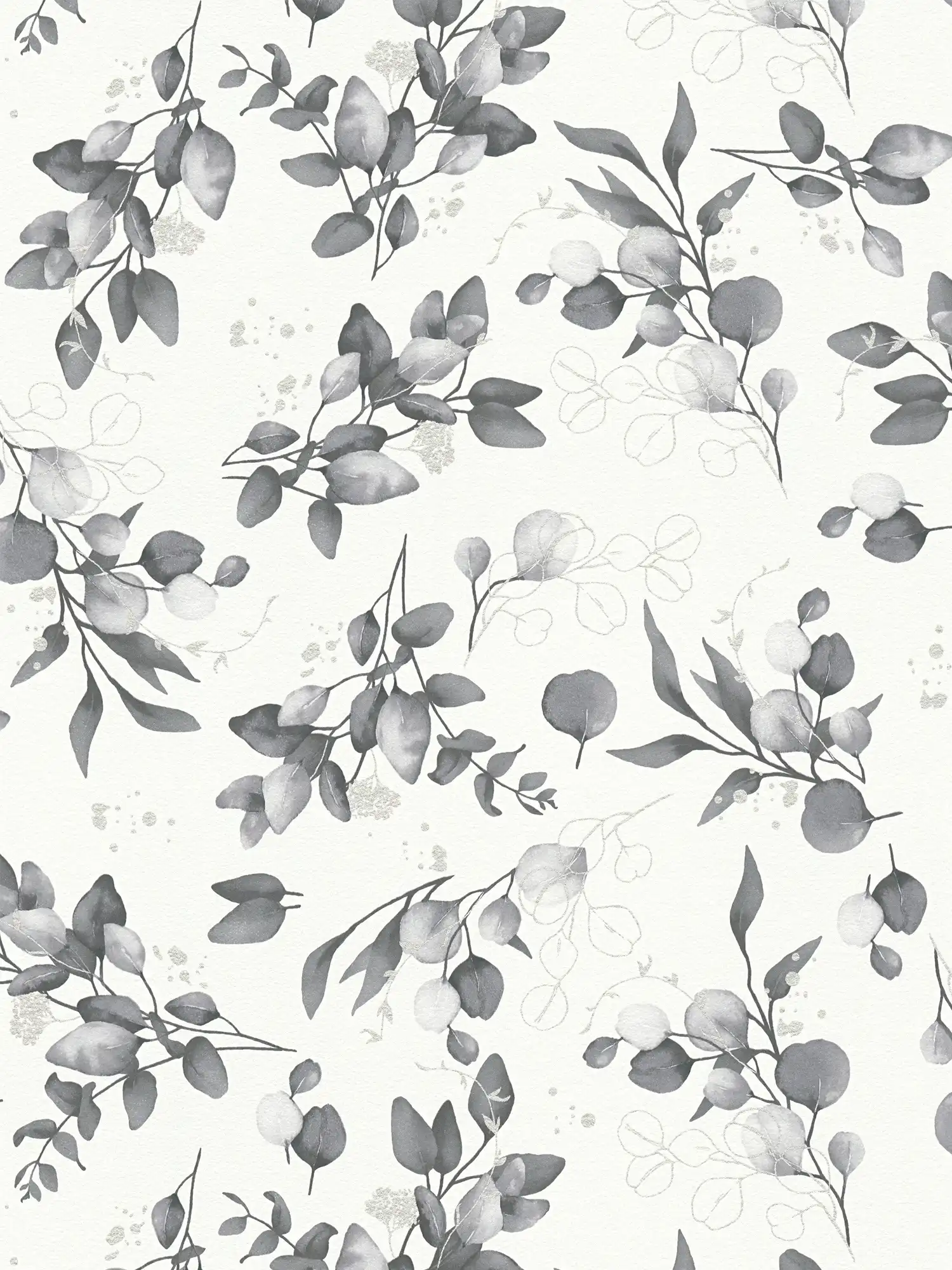 Non-woven floral wallpaper with glitter accents - white, black, grey