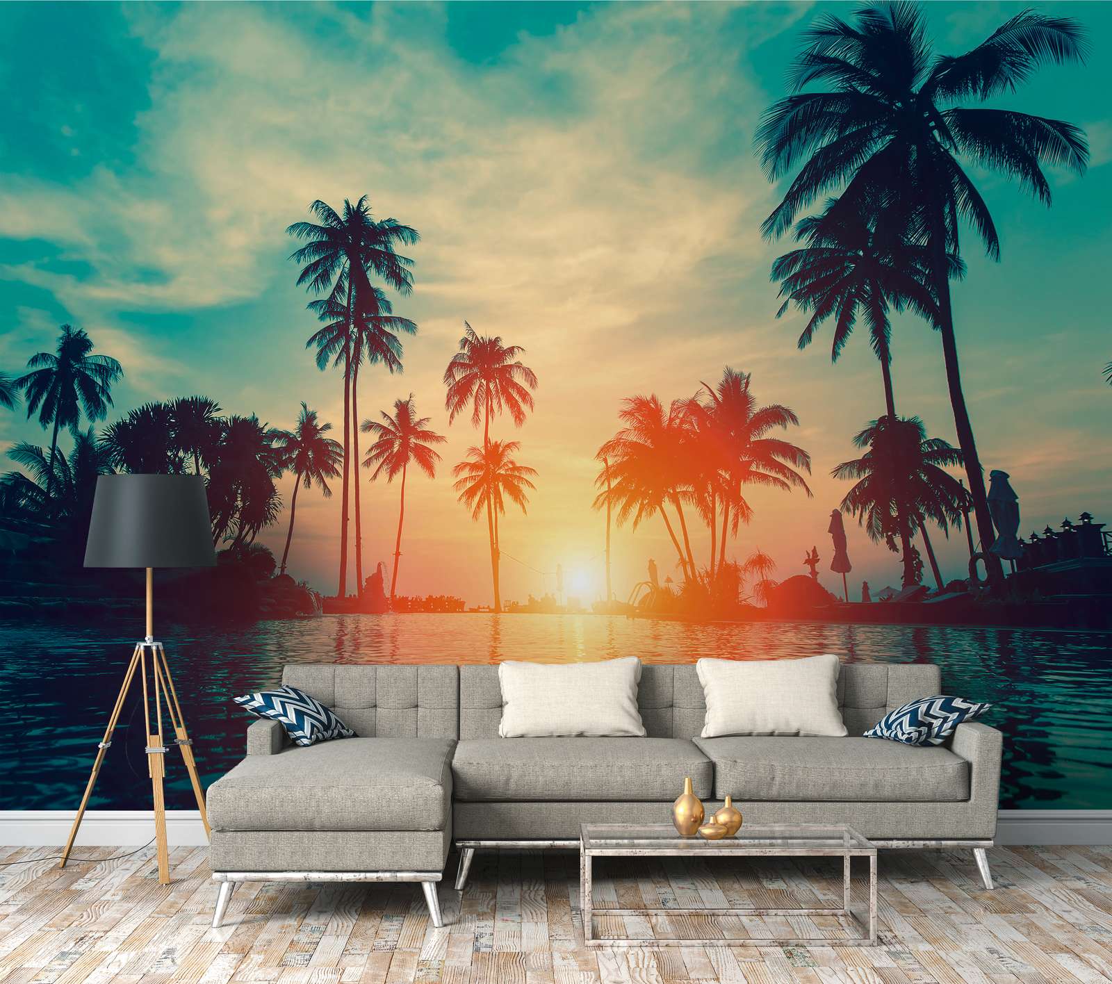 Wandbild, tropische Palmen, Sonnenuntergang, Strandlandschaft, Wohnzimmer-Mural