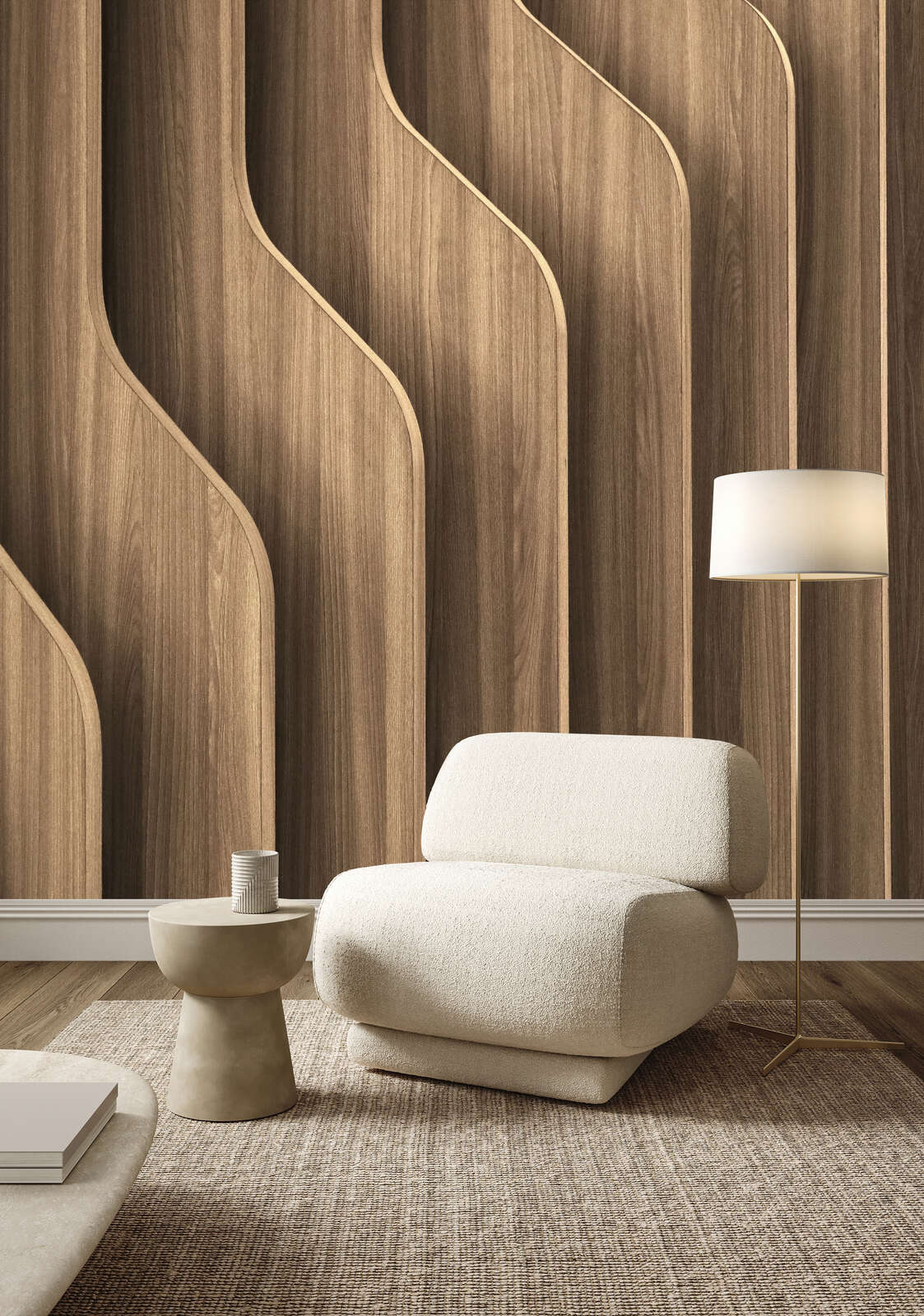 Wohnzimmer, Sessel, Holzwand, Lampe, Teppich