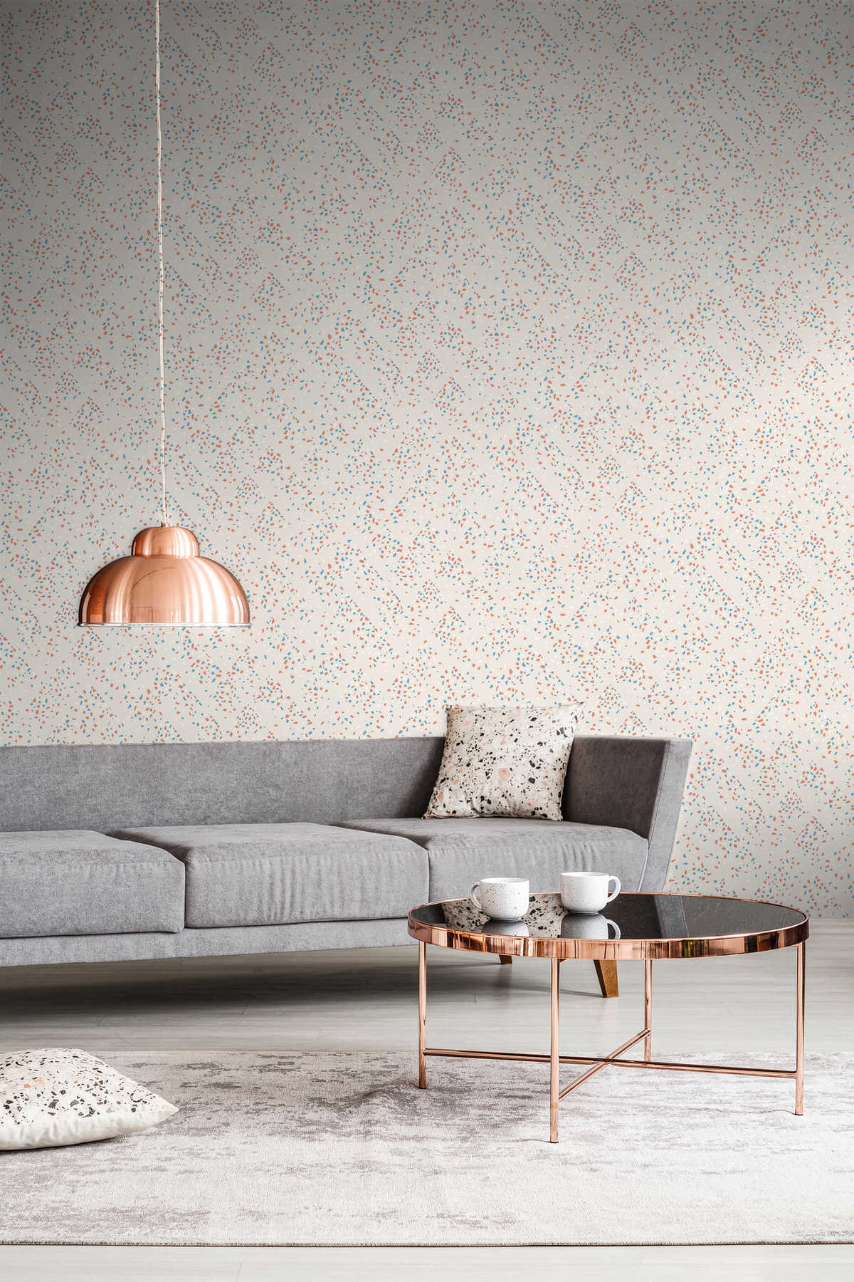 Vliestapete mit Terrazzo Muster – Blau, Rosa, Weiß