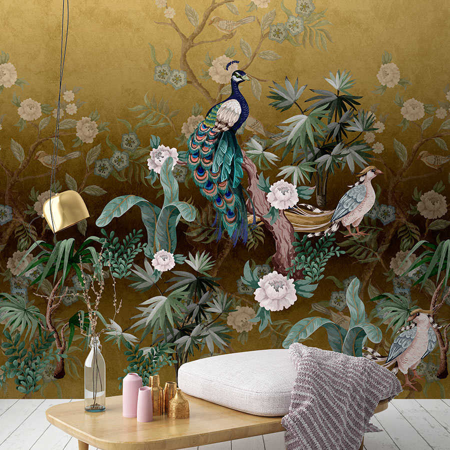         Peacock Island 3 - Papier peint Paon Jardin Or avec Plantes & Fleurs
    