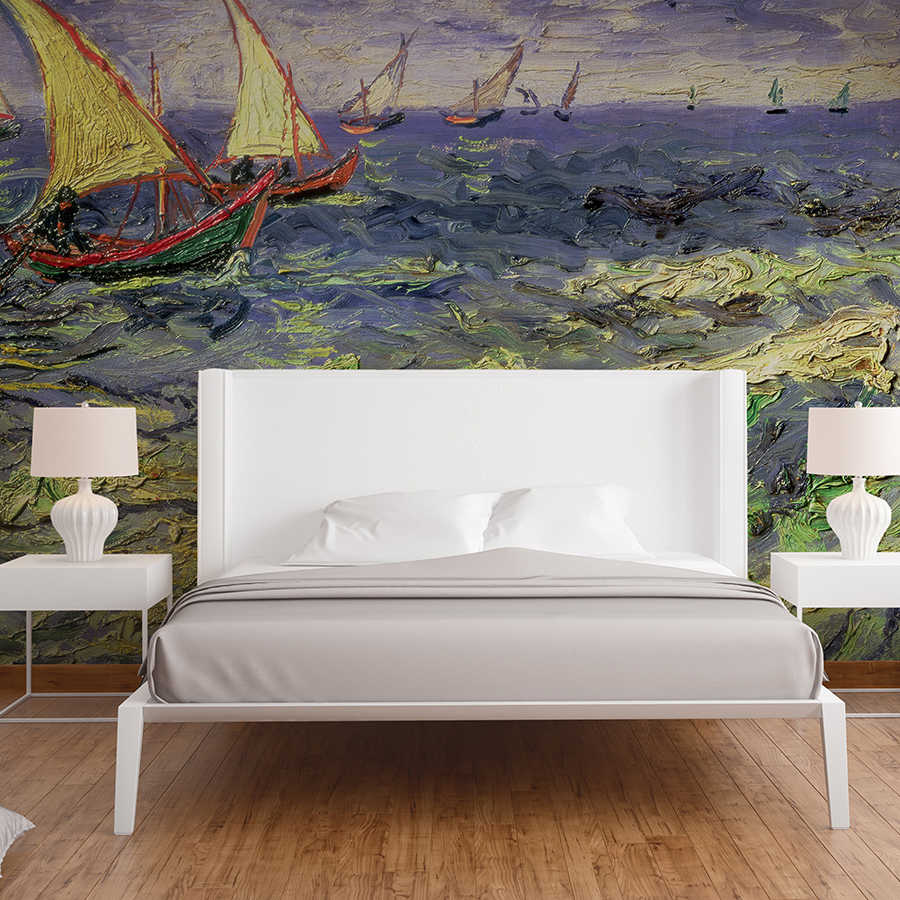 wandbild-mural, meerblick, segelboote, impasto-stil, gemälde-wandtattoo